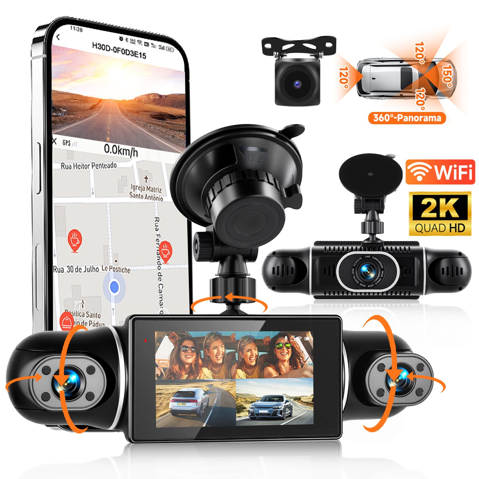 Hikity Auto-Dashcam,3" 2K 1080P mit 4 Channel WiFi G-Sensor Auto kamera 360° Dashcam (2K, WLAN (Wi-Fi), G-Sensor-Funktion, Nachtsichtfunktion, Schleifenaufzeichnung)