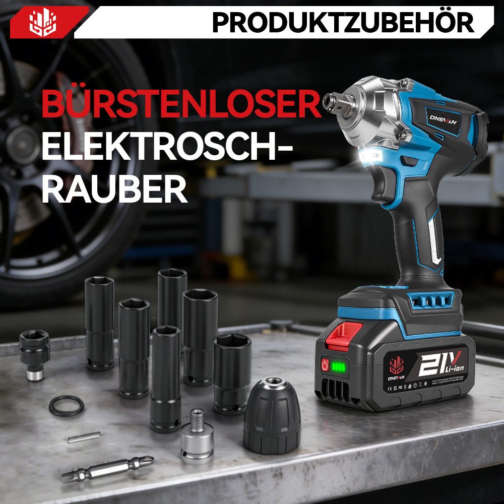 ONEVAN Akku-Schlagschrauber 1200Nm Akku-Schlagschrauber, Bürstenloser Elektrischer, 1/2 Zoll, 2x Akku, 44x Zubehör, 6700 U/min – Bild 3 von 5