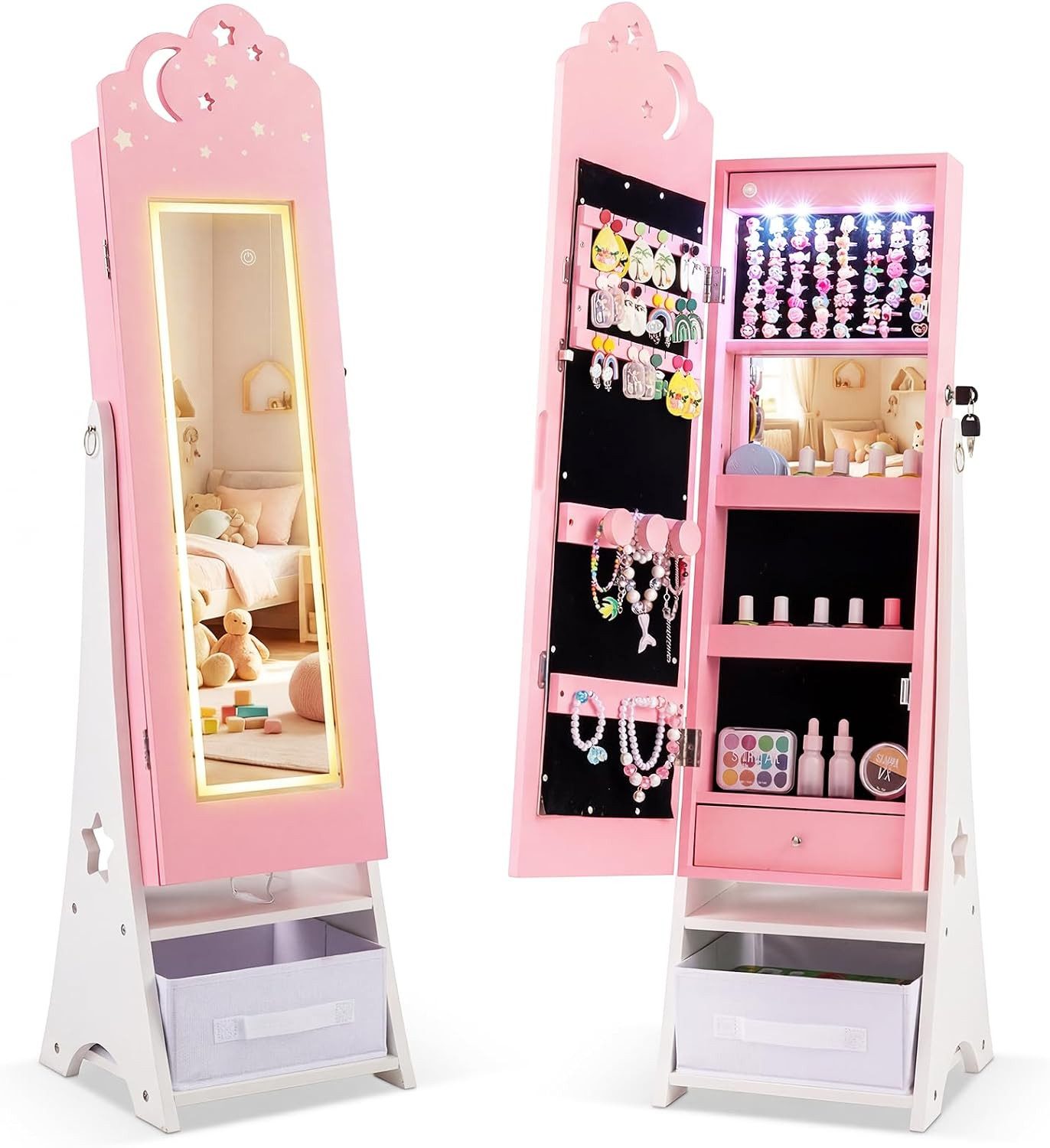 COSTWAY Schmuckschrank Kinder Schmuckkommode mit Beleuchtung & Spiegel