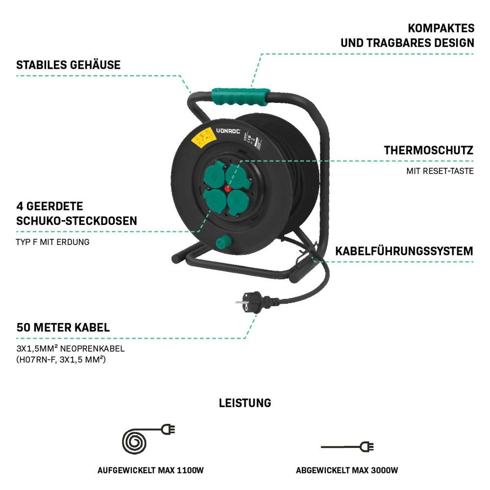 VONROC PRO Kabeltrommel 4-fach (IP44 - Neopren Kabel H07RN-F 3x1,5 mm² - 4 Schuko-Steckdosen mit Erdung -, 3000 Watt (aufgewickelt) / 1100 W (aufgerollt), Kabellänge 50 m), - fester Kern - Wärmeschutz