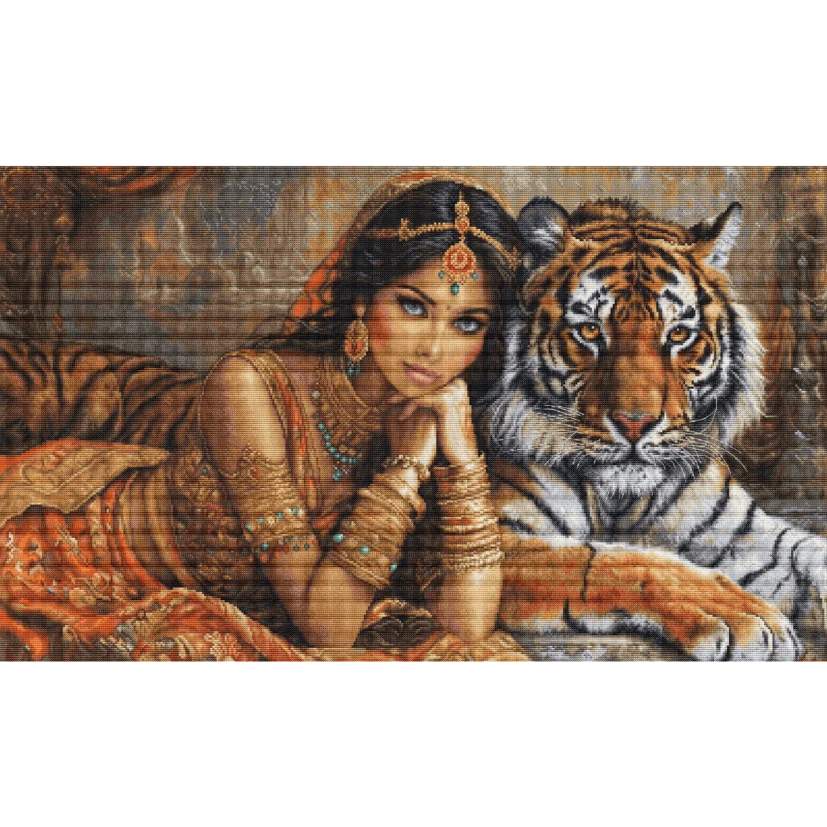 Luca-S Kreativset Kreuzstich Stickpackung "Prinzessin und Tiger", Zählmuster, 63,5x38cm, (embroidery kit by Marussia)