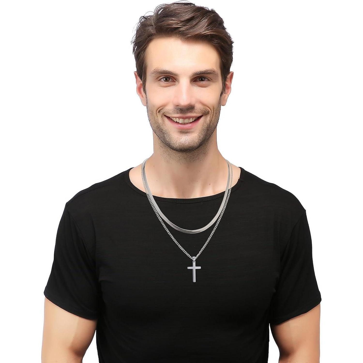LuxusKollektion Kreuzkette Kreuz Kette Herren Edelstahl Silber Gold Schwarz Layered Flache