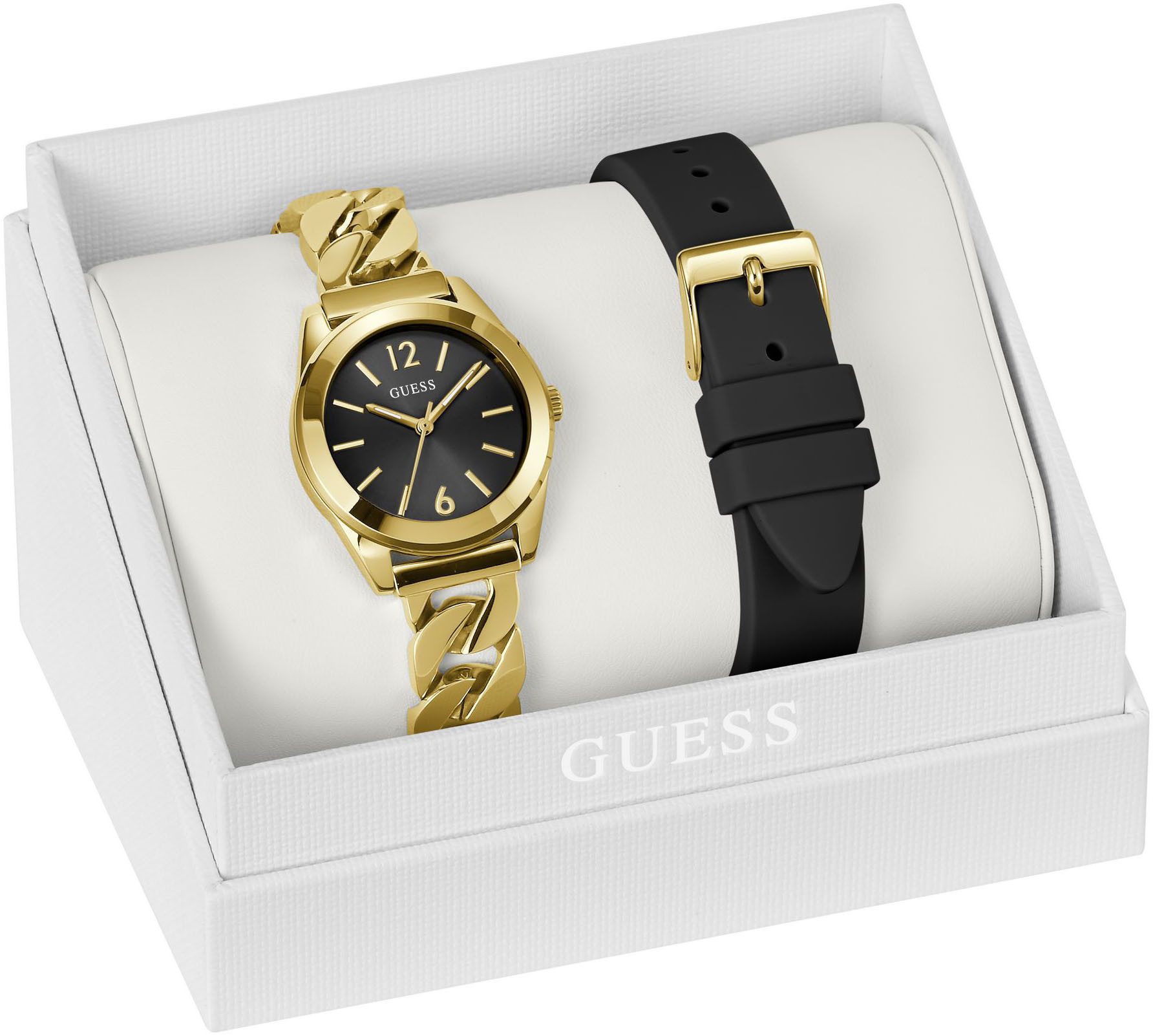 Guess Quarzuhr SERENA GW0845L2, (Set, 2-tlg., mit Wechselarmband aus Silikon), Armbanduhr, Damenuhr, Edelstahlarmband, ideal auch als Geschenk