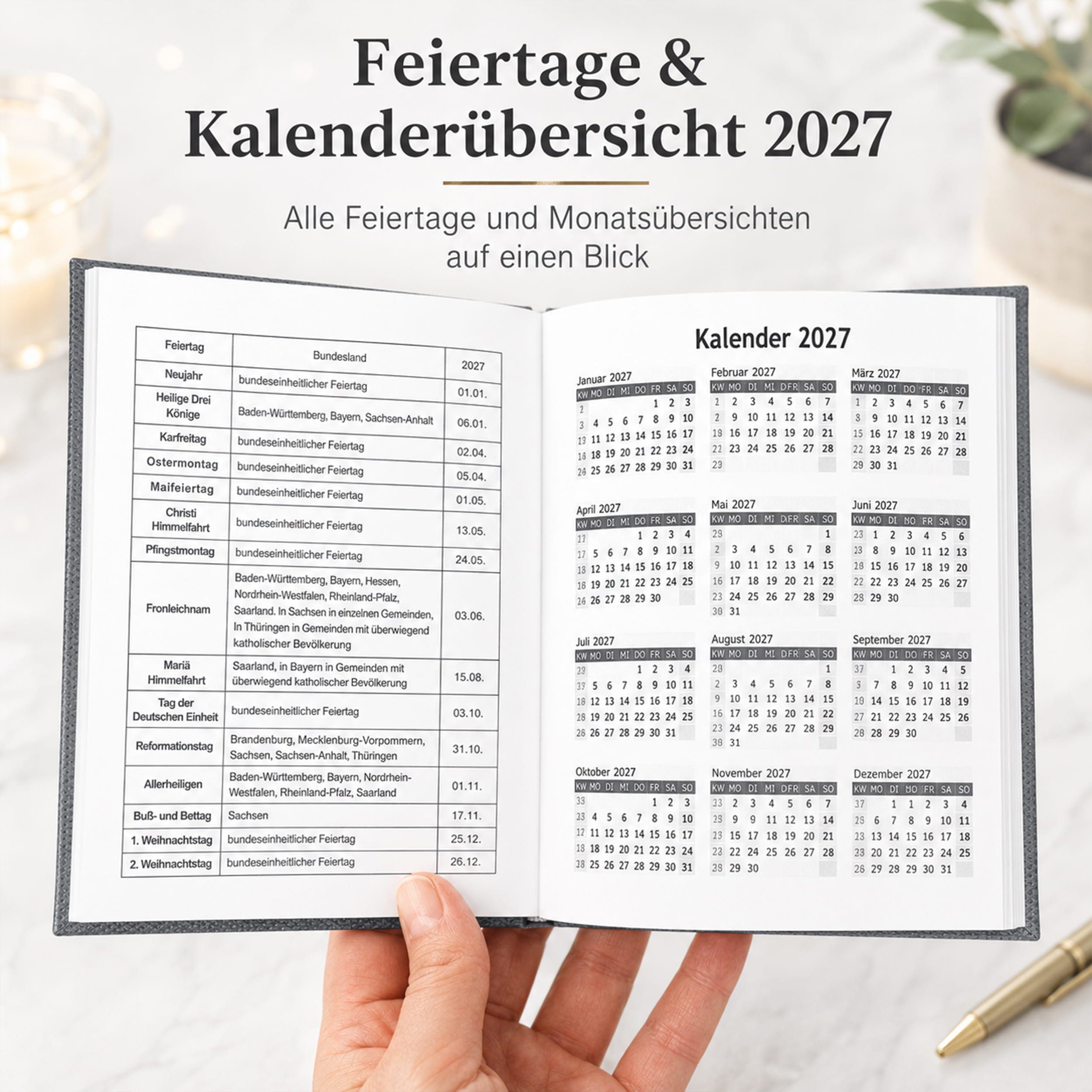 AMLI Taschenkalender Taschenkalender 2027 A6 1 Woche 2 Seiten Softtouch Grau, Softtouch-Cover, Leseband, Ferien & Feiertage, Jahresvorschau – Bild 5 von 5
