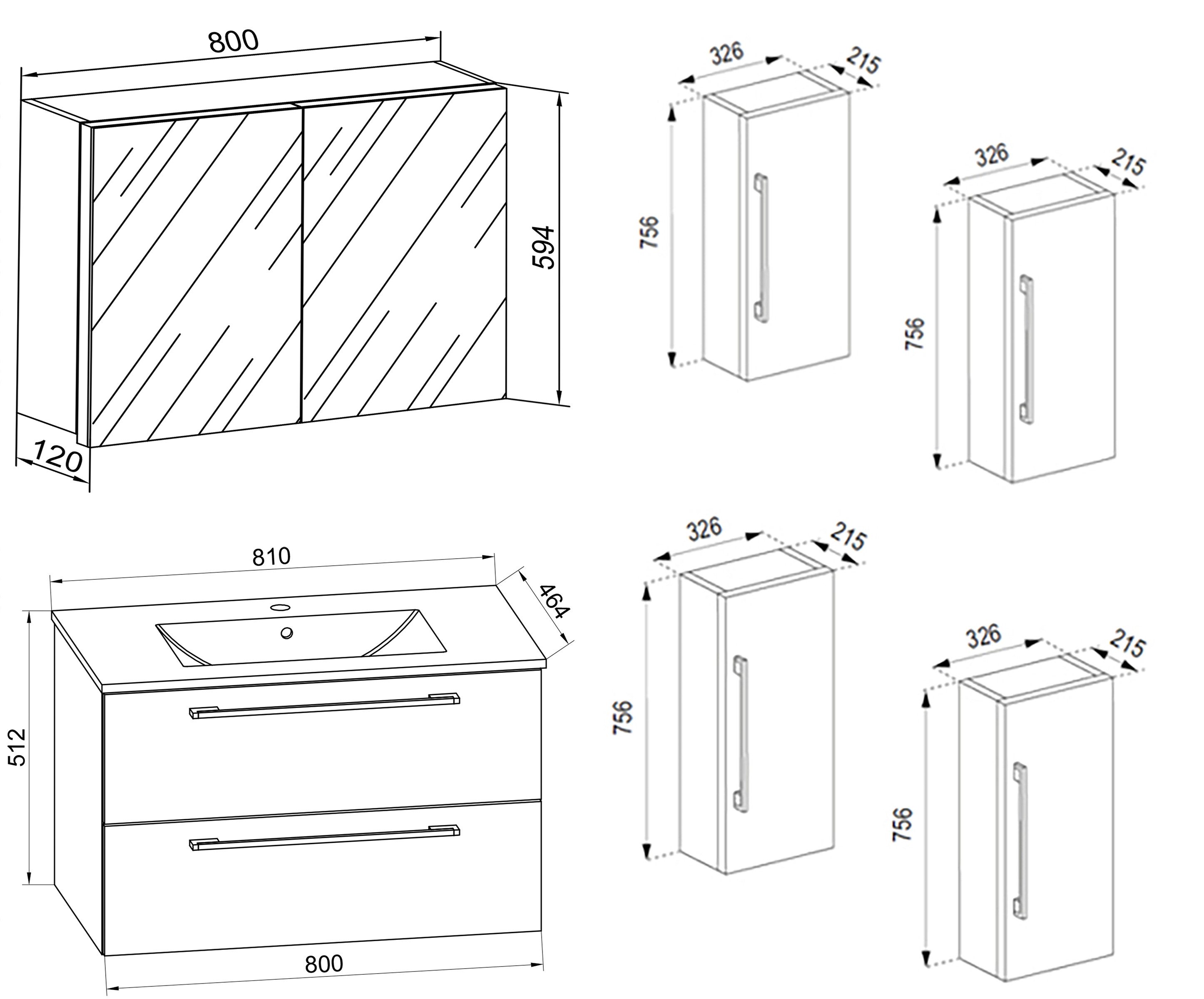 VCM Waschtisch 5 teilig Badmöbel-Set Waschplatz Badinos (Set, 5-St., 1x Unterschrank 1x Waschbecken 1x Spiegelschrank 1x Hochschrank), 5-tlg. Waschplatz, Waschbecken Unterschrank Breite 80 cm, Badmöbel