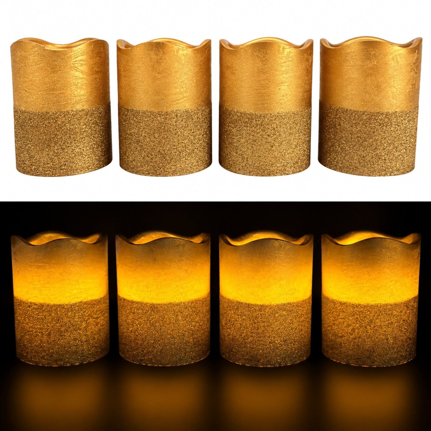 Online-Fuchs LED-Kerze 4 LED-Kerzen aus Echtwachs im Set mit Metallic Glitzer und Timer, KEINE Flamme, leuchtet aus dem Inneren, warmweißer Flackereffekt, praktische 6-Stunden Timerfunktion integriert