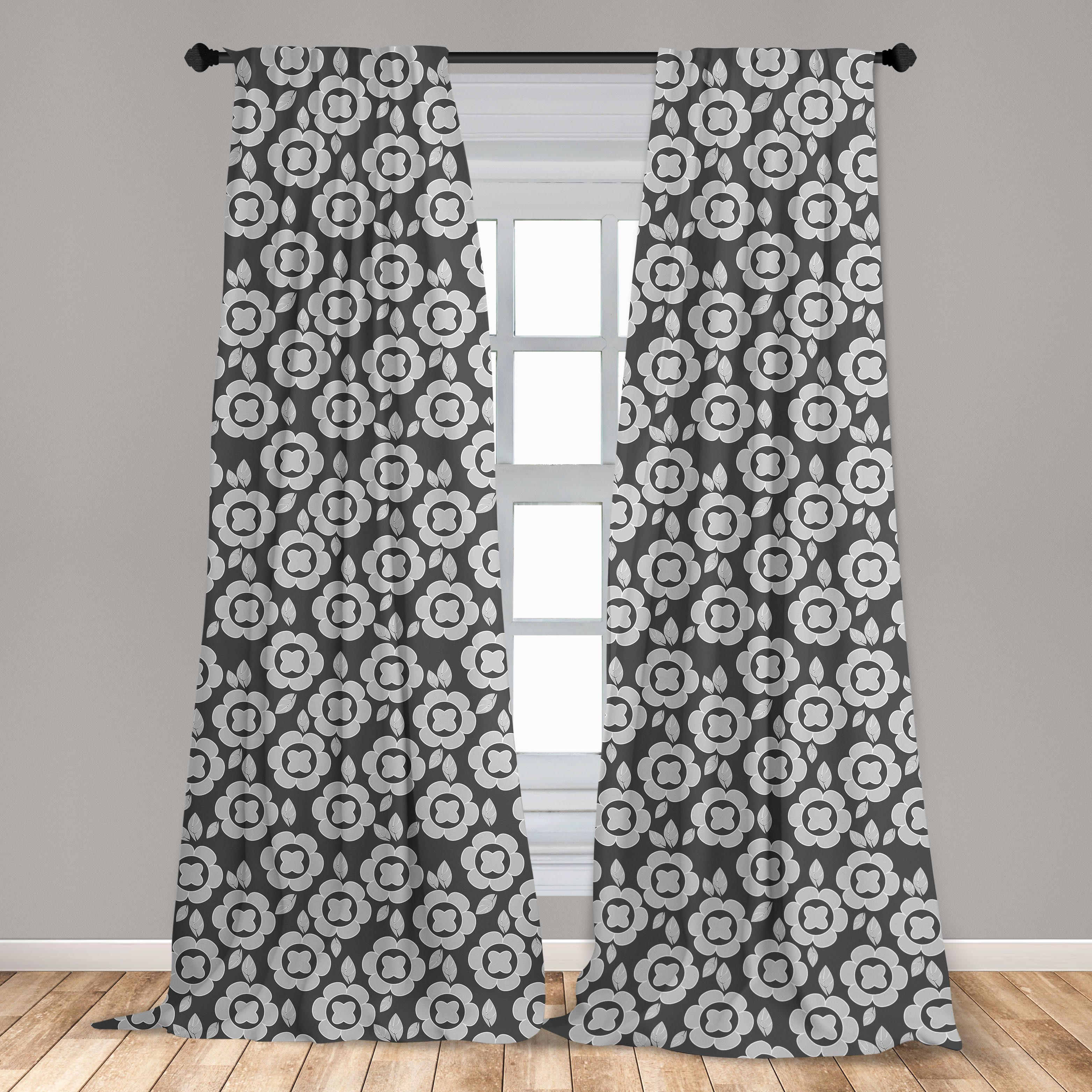 Gardine Vorhang für Wohnzimmer Schlafzimmer Graustufen- Blume Floral Microfaser, Abakuhaus, Dekor, Graphic