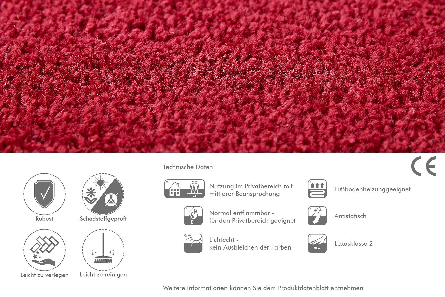Uni rot Kräuselvelours rechteckig, Ines, Coupon Farben, 8,5 mm, Breite pflegeleicht cm, strapazierfähig 400 Höhe: Teppichboden & Andiamo,