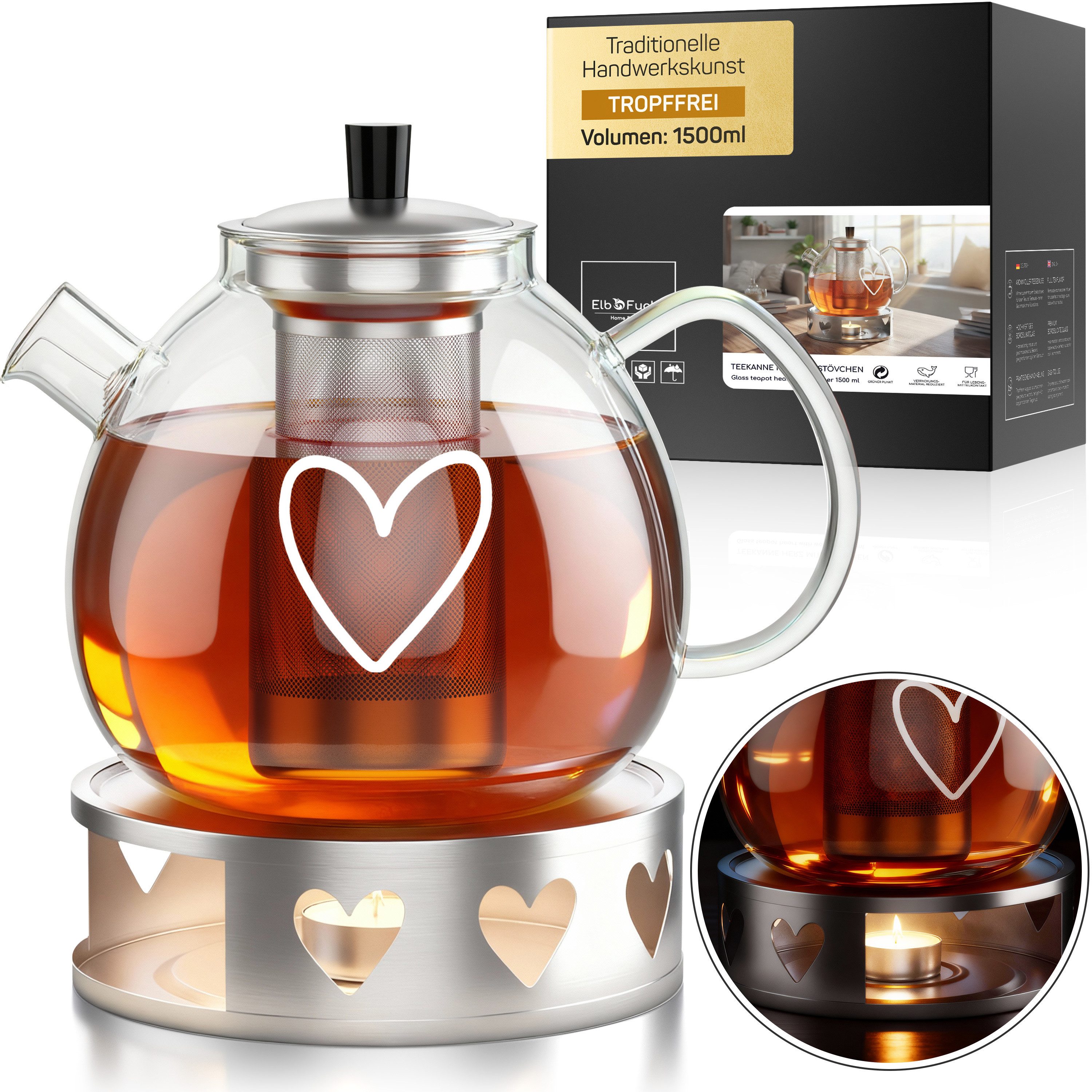 ElbFuchs Teekanne mit Siebeinsatz und Stövchen, 1,5 l, (Set), herausnehmbarer Edelstahl-Filter, tropffreier Ausguss