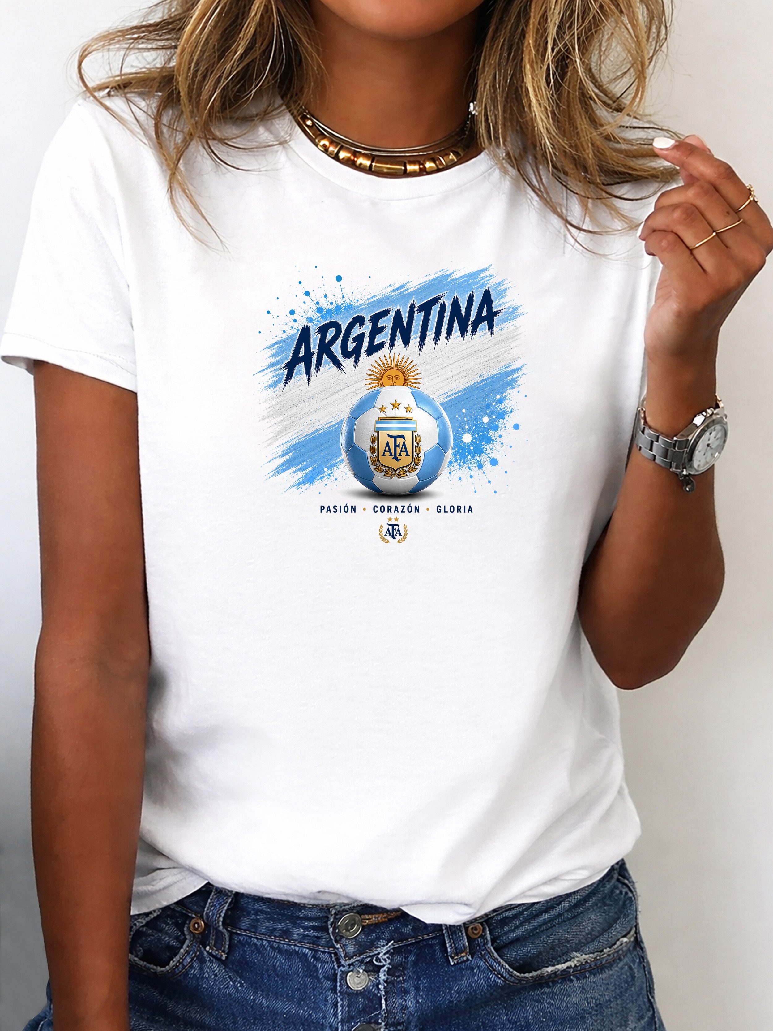RMK T-Shirt Damen Shirt Rundhals Fußball Argentina WM aus Baumwolle
