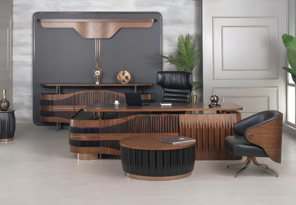 Xlmoebel Büromöbel-Set Modernes Büroeinrichtungsset mit Schreibtisch und eleganter Konsole, (5-tlg., Eckschreibtisch+Stuhl+Couchtisch+Konsole+Sessel), Hergestellt in Europa