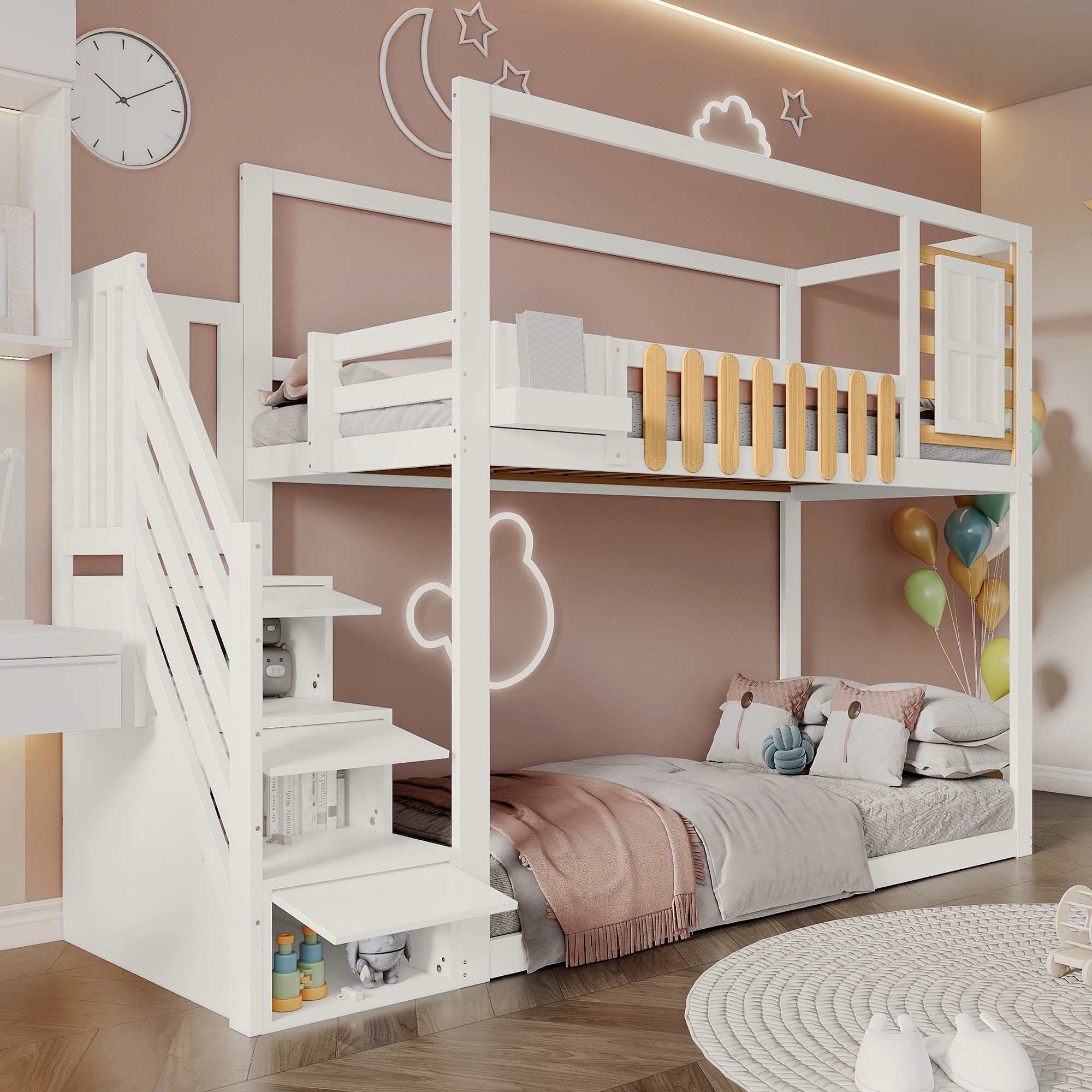 Merax Etagenbett (mit 3 Schließfächer in der Treppe, 1-St., Jugendbett Stockbett Kieferholzbett), Kinderbett 90x200cm mit Fenster Regal Stauraumtreppe & Schließfächern