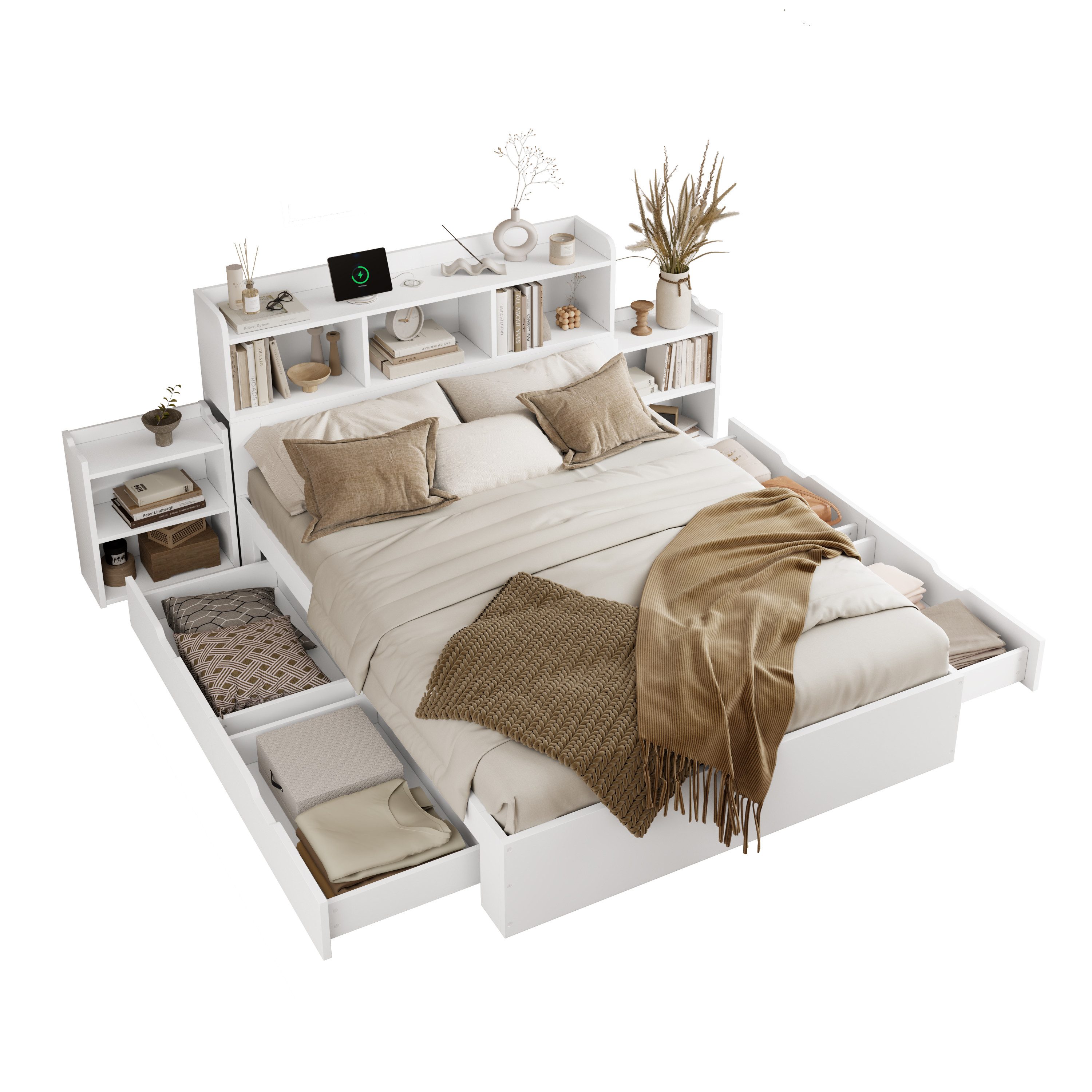 OKWISH Holzbett mit Lattenrost und Kopfteil (Doppelbett mit Handyladefunktion (TYPE C + Wireless Charging), 1-tlg., 140*200 cm, ohne Matratze), mit 2 ausziehbaren Nachttischen, Выдвижные ящики und Ablagefächern