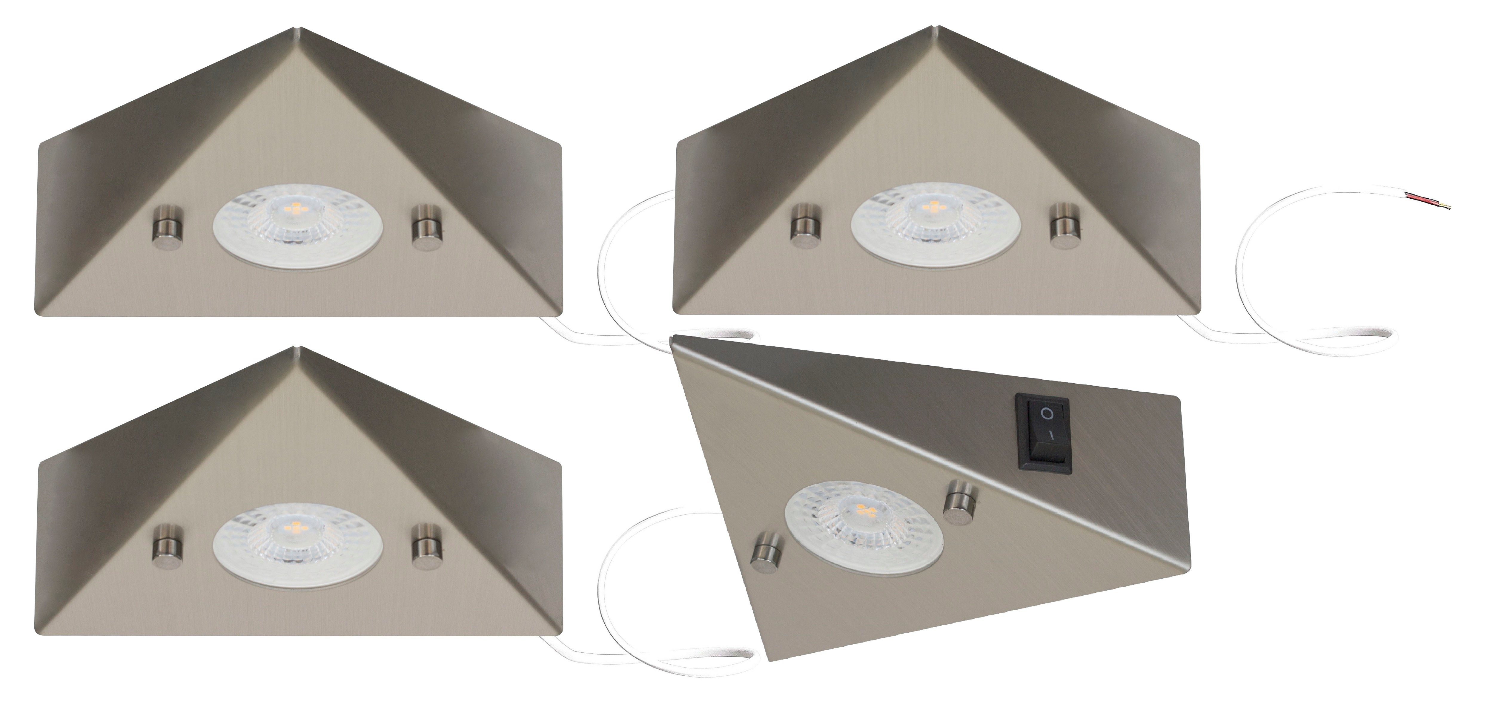 TRANGO LED Unterbauleuchte, 4er Set 6739-42 LED-Küchenunterbauleuchte *COOK* LED Einbauleuchte - Einbaustrahler aus Edelstahl inkl. 4x 4.8 Watt LED Modul 3000K warmweiß - direkt 230 Volt - beliebig erweiterbar, Schalter - Dreieckleuchte – Schrankleuchte