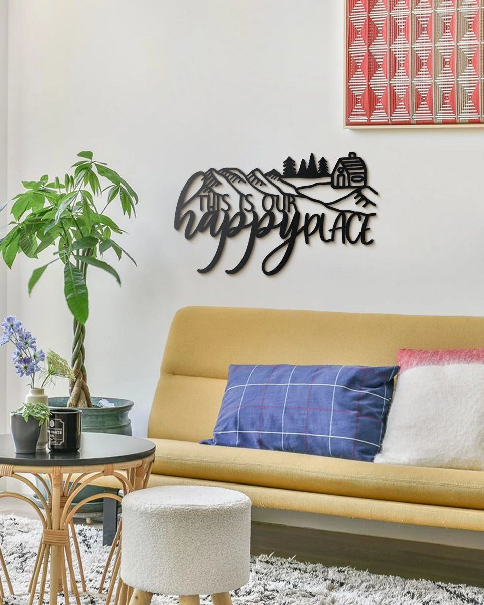 Hoagard Metall Wanddekoobjekt 'HAPPY PLACE' Wandbild mit Schriftzug Spruch  schwarz Metall, Wandekoration Innendekoration Wohnkultur Wandkunst  Wohnzimmer