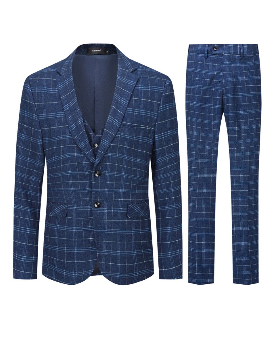 Allthemen Anzug (3 tlg, Anzug Set) Slim Fit karierter Herrenanzug mit einem Knopf