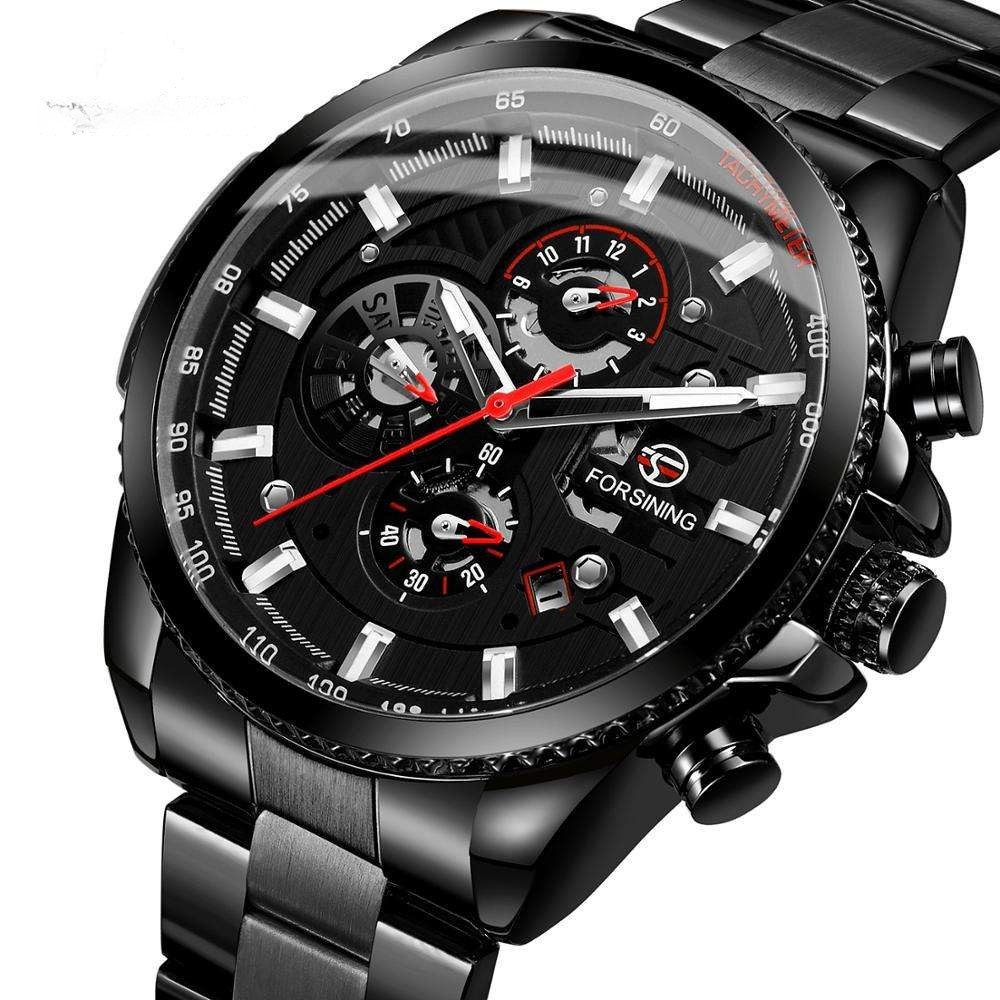 Rötting Design Automatikuhr Herrenuhr Armbanduhr Marke Forsining schwarzes Ziffernblatt, Edelstahl, Datum Wochentag Monats Anzeige