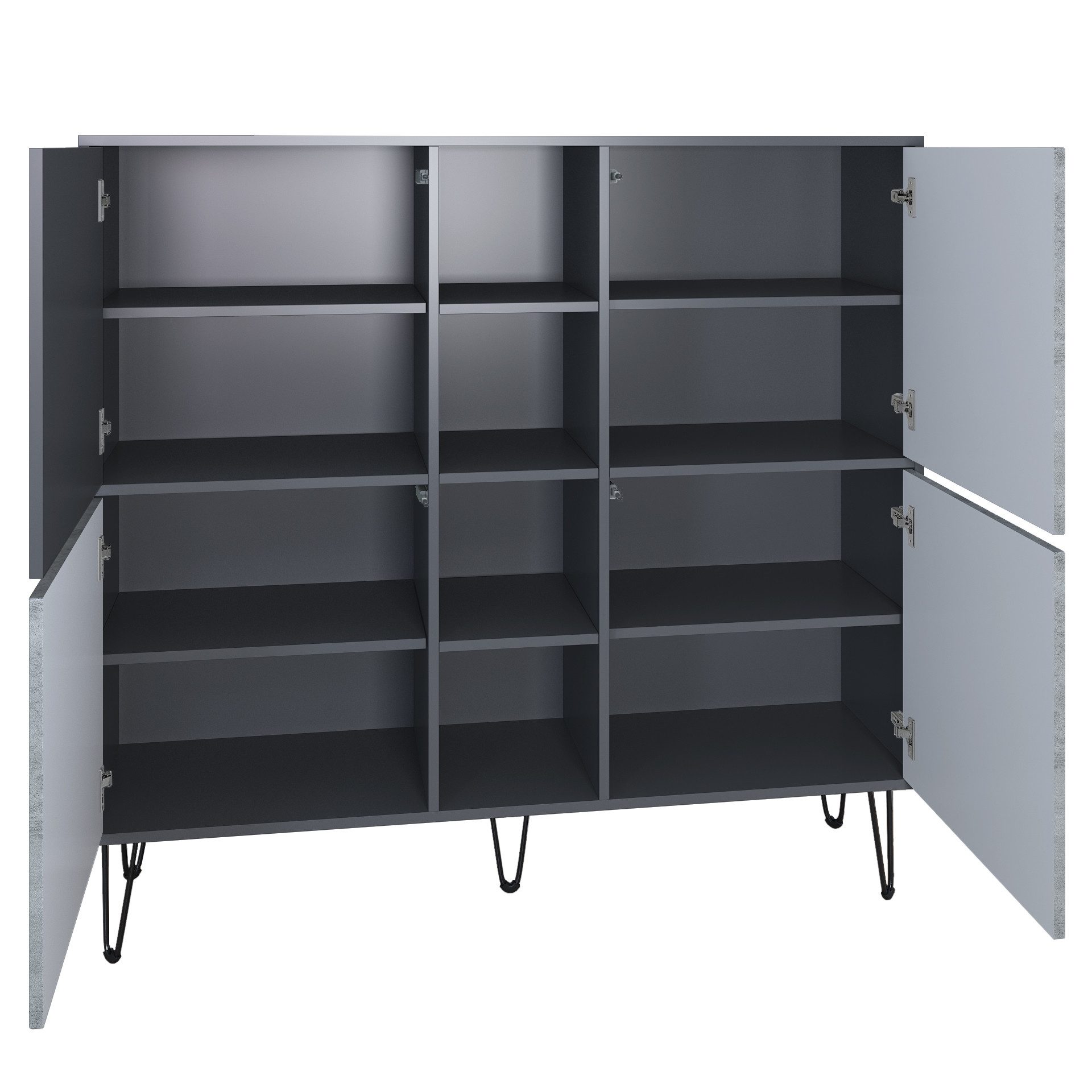 Vladon Highboard Havana V3 (Sideboard mit 4 Türen und 4 offene Fächer, Kommode Made in Germany), Anthrazit matt / Beton Oxid Optik (130,5 x 124 x 35 cm)
