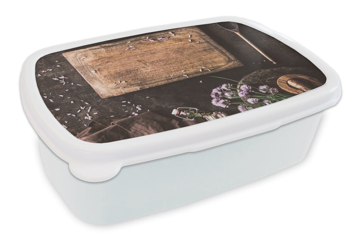MuchoWow Lunchbox Schneidebrett - Kräuter - Löffel - Küche - Rustikal - Mörser -, Kunststoff, (2-tlg), Brotbox für Kinder und Erwachsene, Brotdose, für Jungs und Mädchen weiß