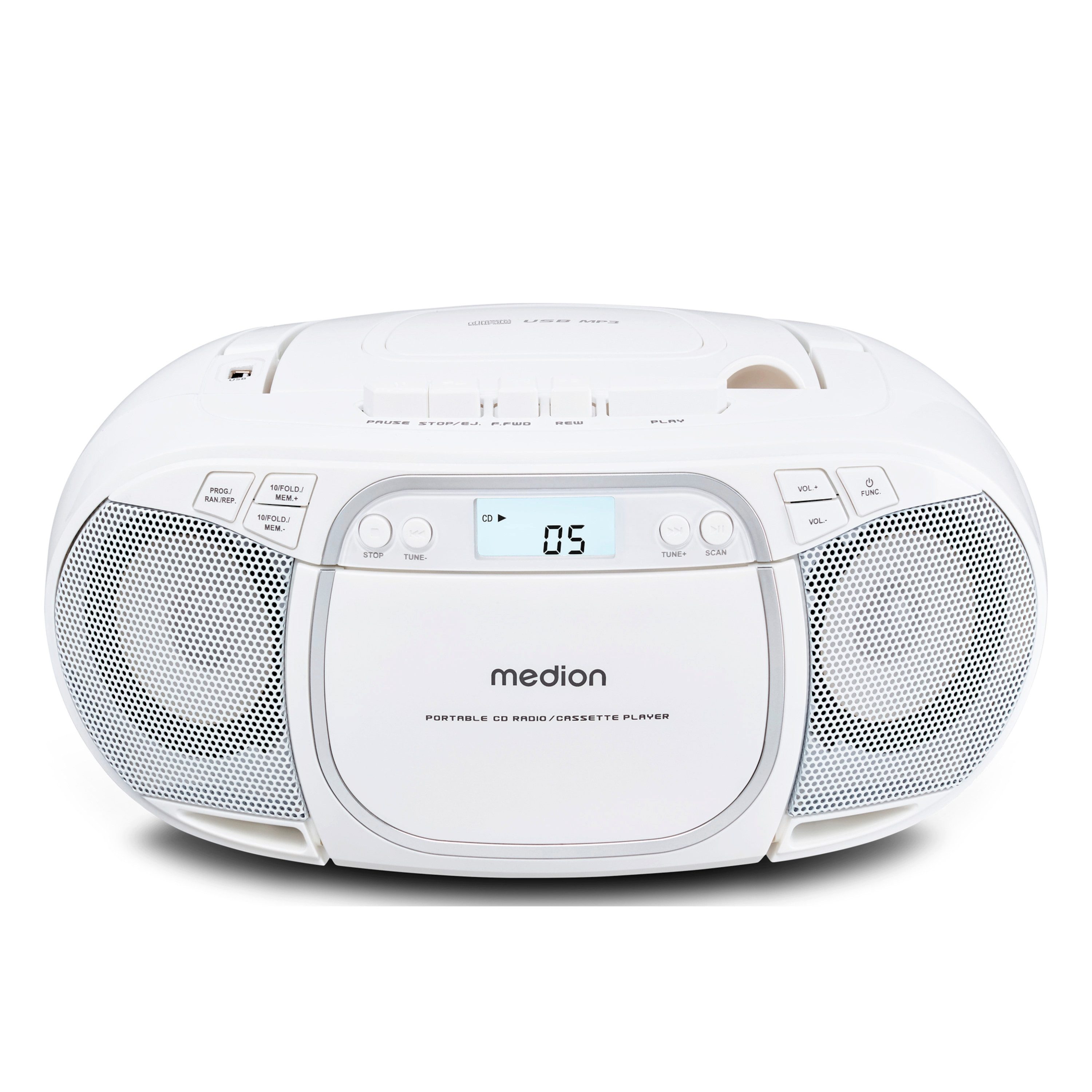 Medion® Kassetten Player (An/Aus Anzeige, Audiokassetten, AUX-Eingang, Batteriebetrieben, CD-Player, CD-R-Wiedergabe, CD-RW-Wiedergabe, FM-Radio, Digitalanzeige, Kassettenwiedergabe, USB, Tragbar, Stereo, Radio, MP3 CD-Wiedergabe, On/Off Switch, MW/UKW Radio, Netzbetrieben, Lautstärkeregelung, 2x 20W max., LC-Display, 30 Senderspeichern, USB)