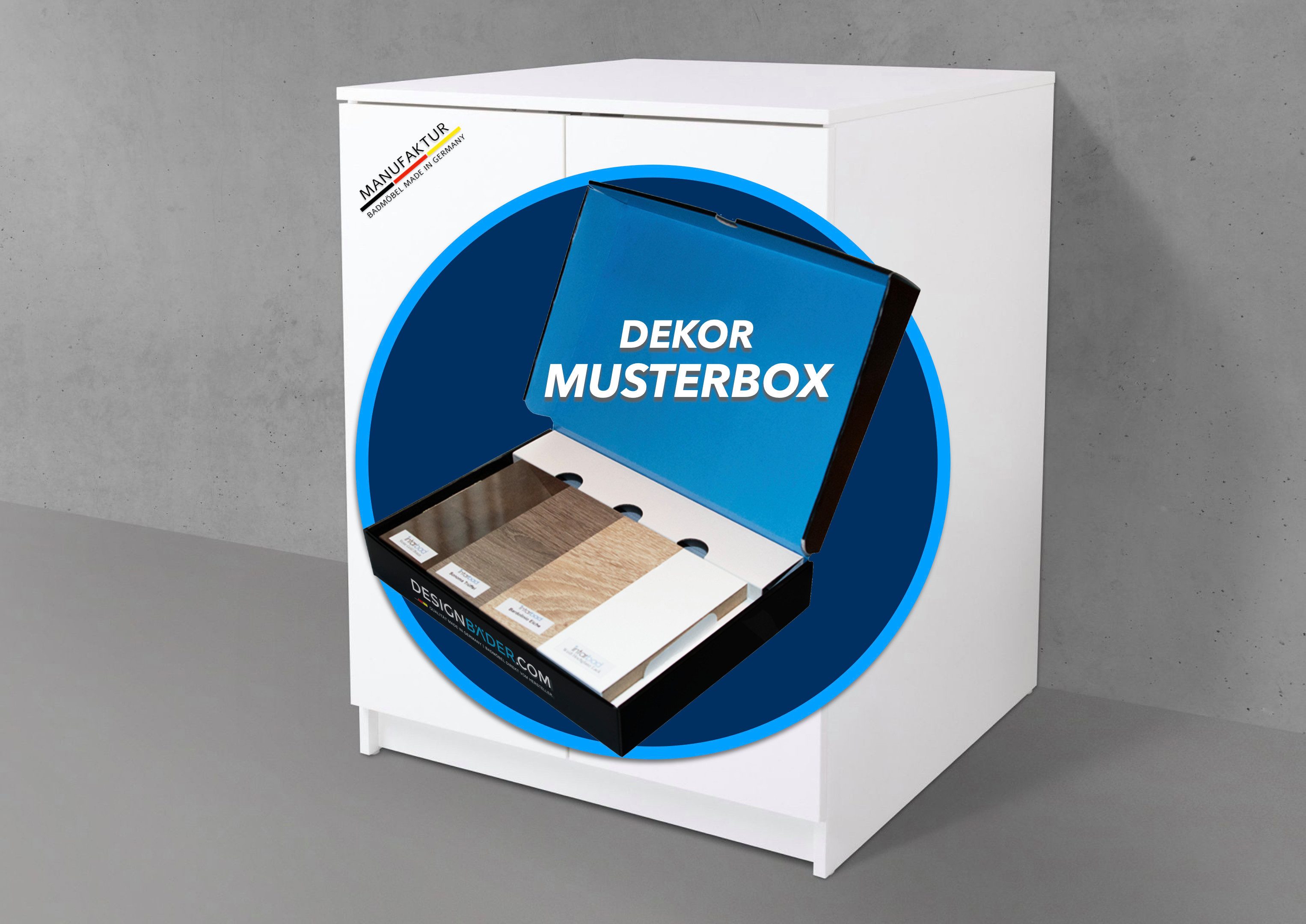 Intarbad Waschmaschinenumbauschrank 1 x Musterbox mit 6 Dekorvarianten für Intarbad Waschmaschinenschränke (6 Musterdekore, Weiß Matt & Hochglanz, Anthrazit, Kaschmir, Eiche Natur & Tabak)