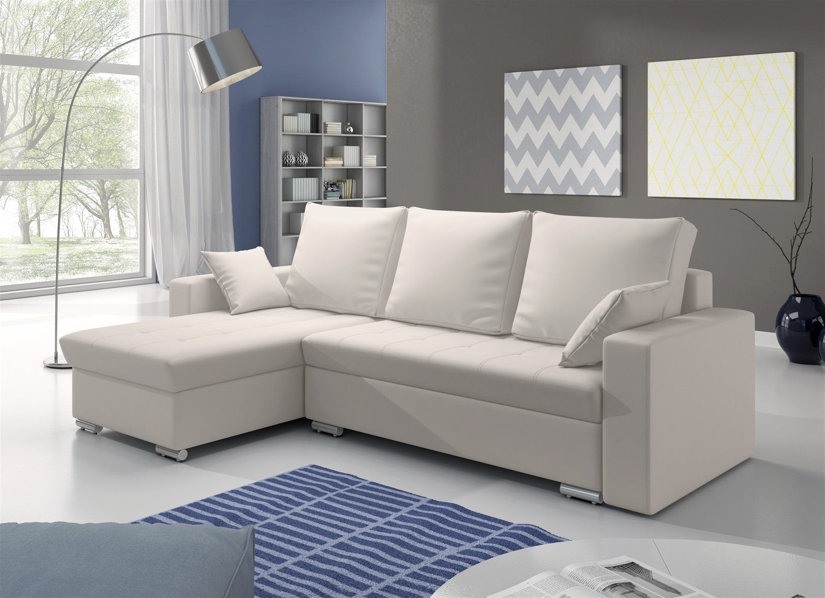 Fun Möbel Sofa inkl. 3 Zierkissen, Rechts, Ecksofa mane 2 in oder Links 2 ADARA Rückenkissen inkl. Kunstleder Bettkästen Weiß und