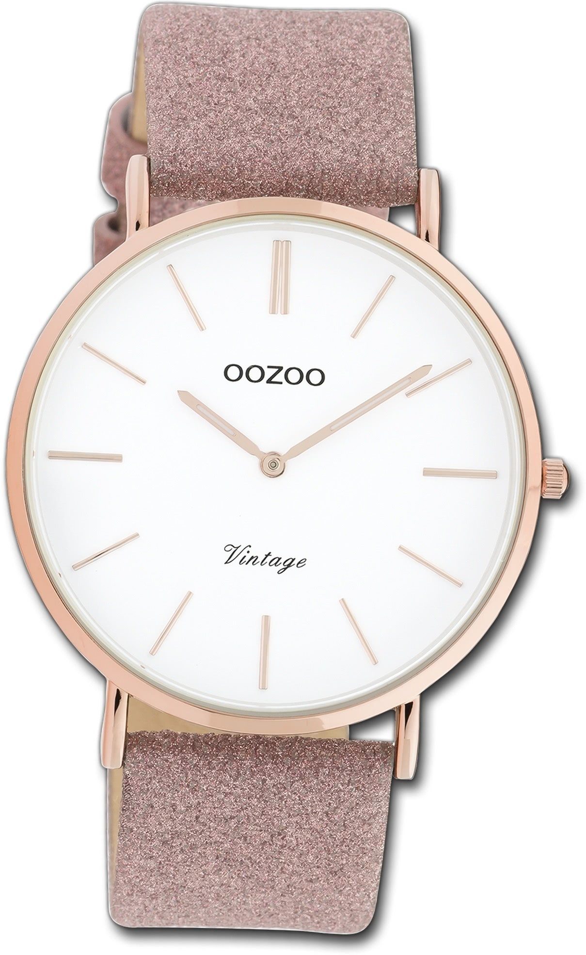 Damenuhr groß Gehäuse, Damen OOZOO 40mm) rundes Slim, Quarzuhr (ca. Lederarmband Ultra Oozoo Armbanduhr rosa,