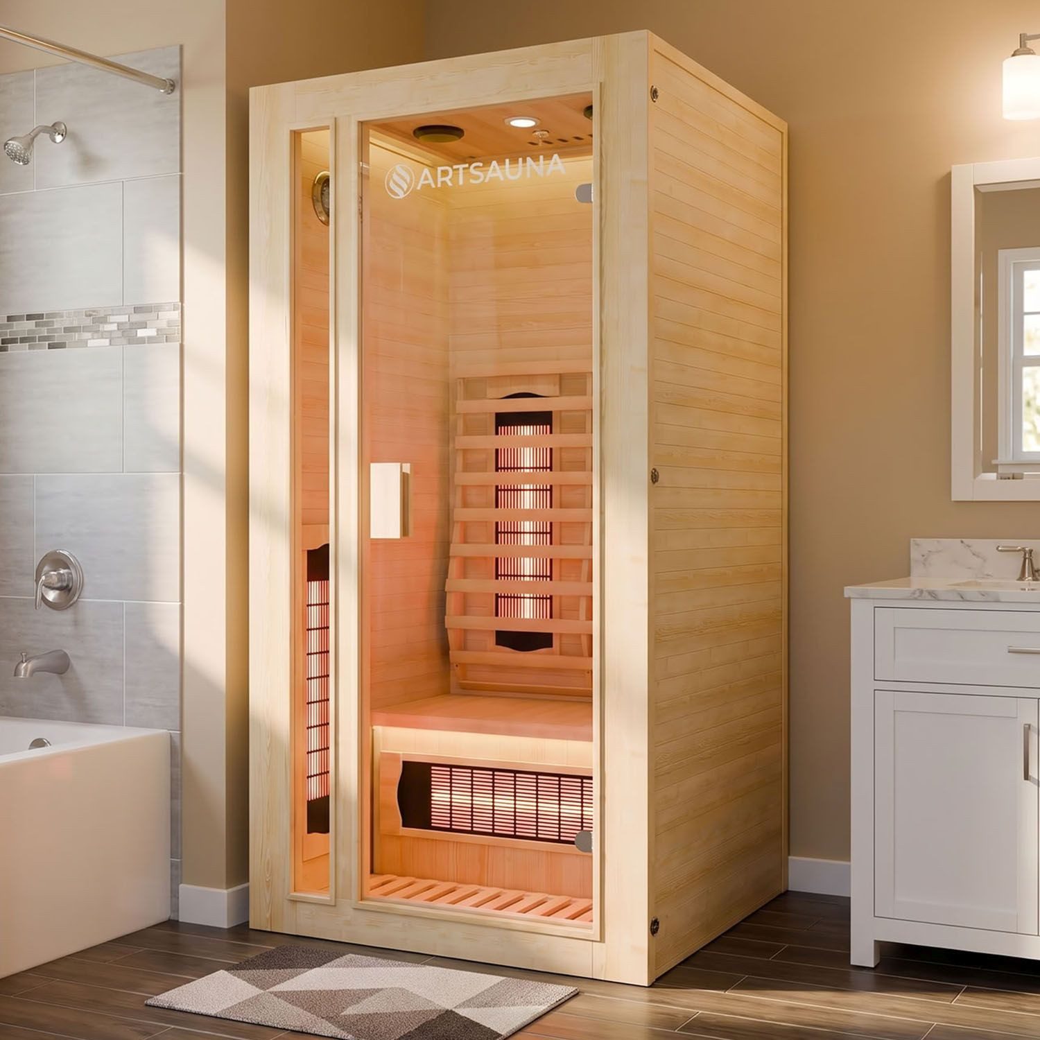 Artsauna Infrarotkabine Nyborg S90V, für 1 Personen, Hemlockholz, HiFi-System, Ionisator, LED-Farblicht