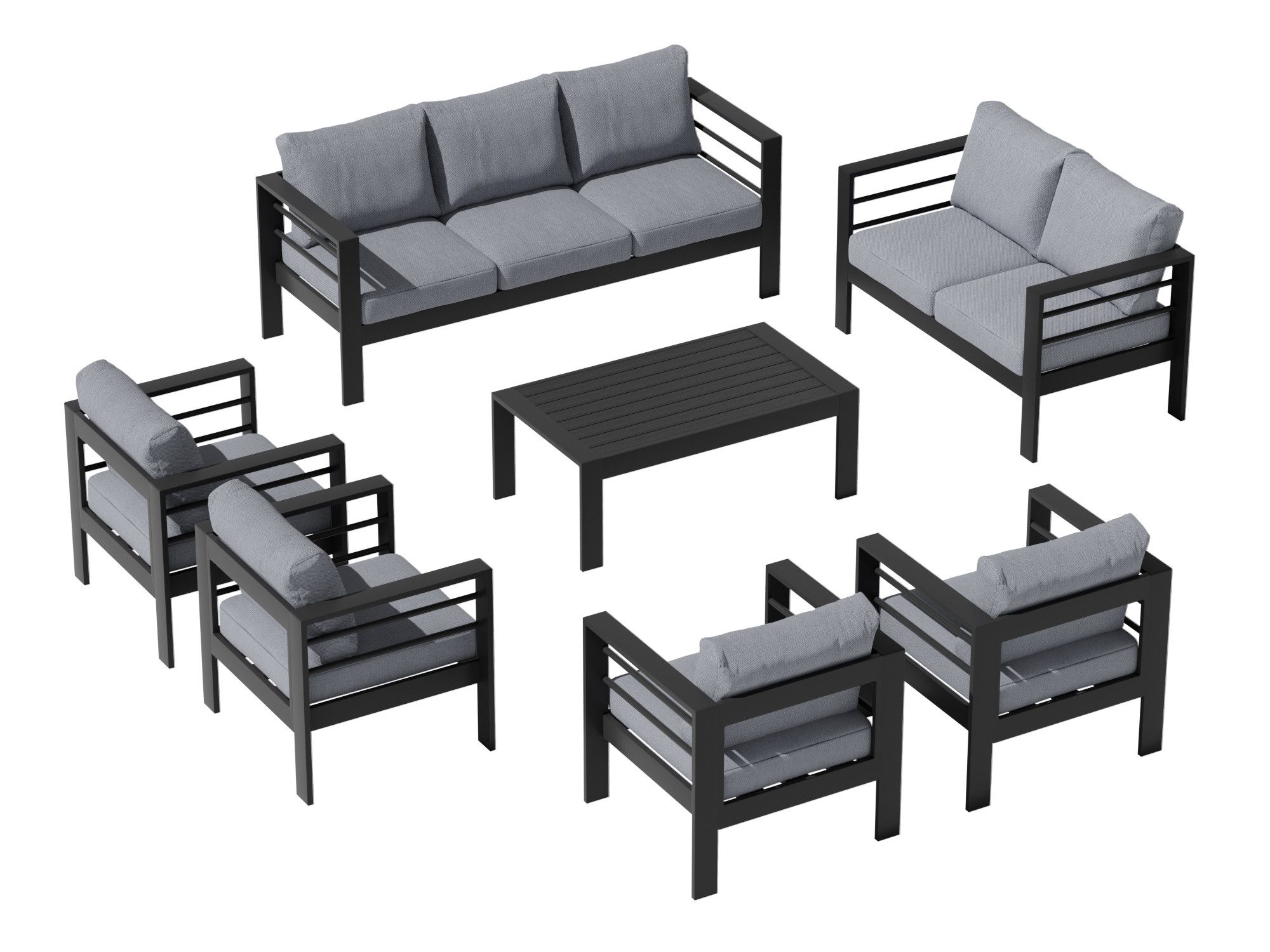 MeXo Gartenlounge-Set Terrassenmöbel Set 8-10 Personen Aluminium outdoor wetterfest, (Belastbarkeit pro Sitzplatz 140kg, 7-tlg., 12cm Deluxe Relax-Sitzkissen), Gartenmöbel Set für Außenbereich, Terrasse, Balkon und Garten