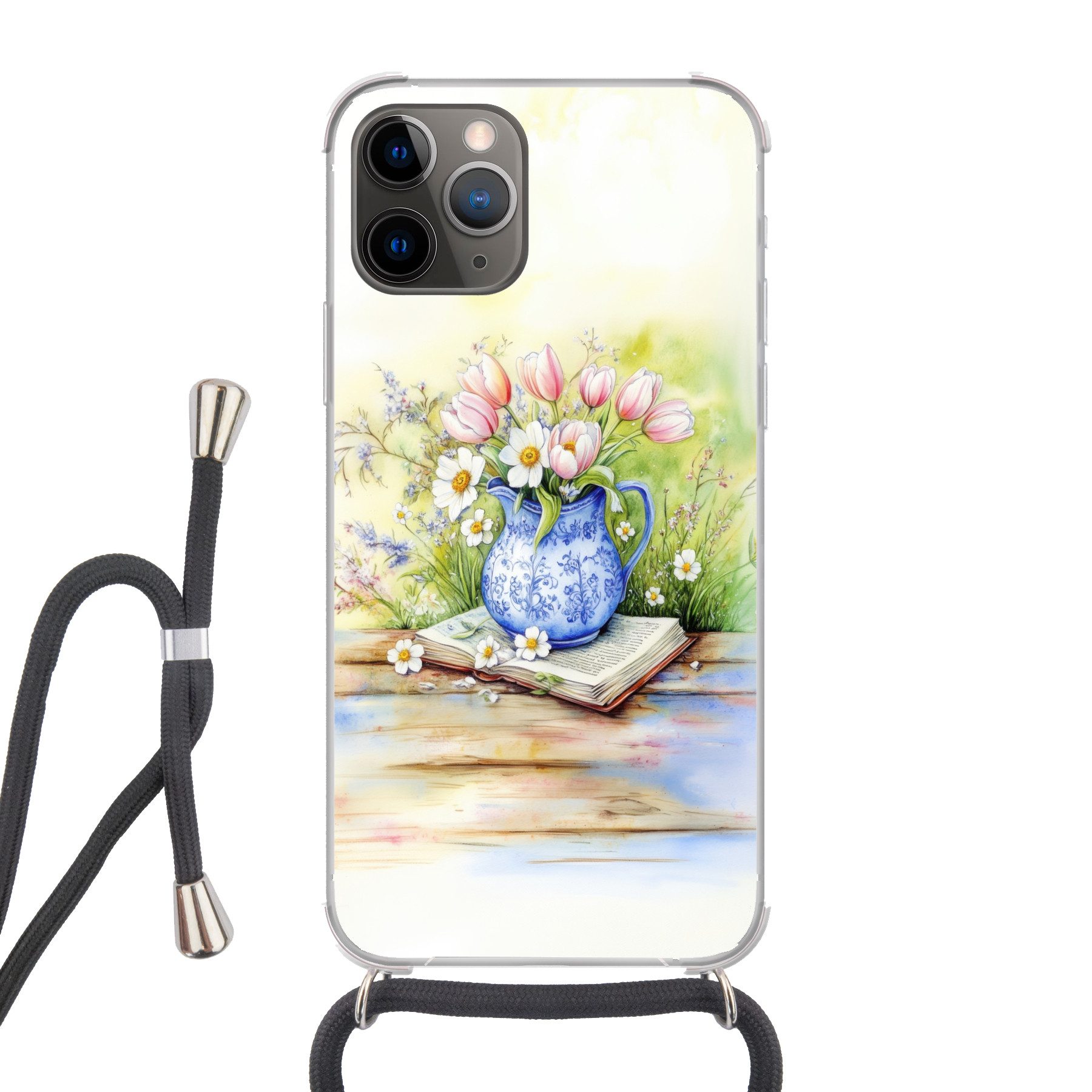 MuchoWow Handyhülle für Apple iPhone 13 Pro Max Vase - Delfter Blau - Gänseblümchen, Tragbare Handyhüllen mit Kette zum umhängen, Handykette Handyband