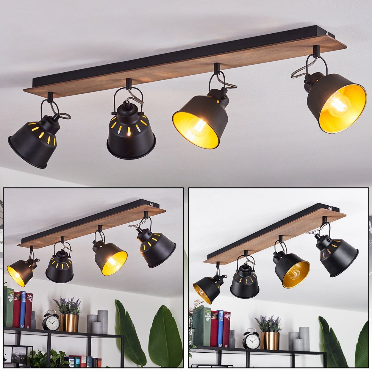 hofstein Deckenleuchte »Rimini« verstelllbare Deckenlampe, Metall/Holz, Schwarz/Chromfarben, ohne Leuchtmittel, E14en, Moderne Leuchte, Goldfarben, Natur