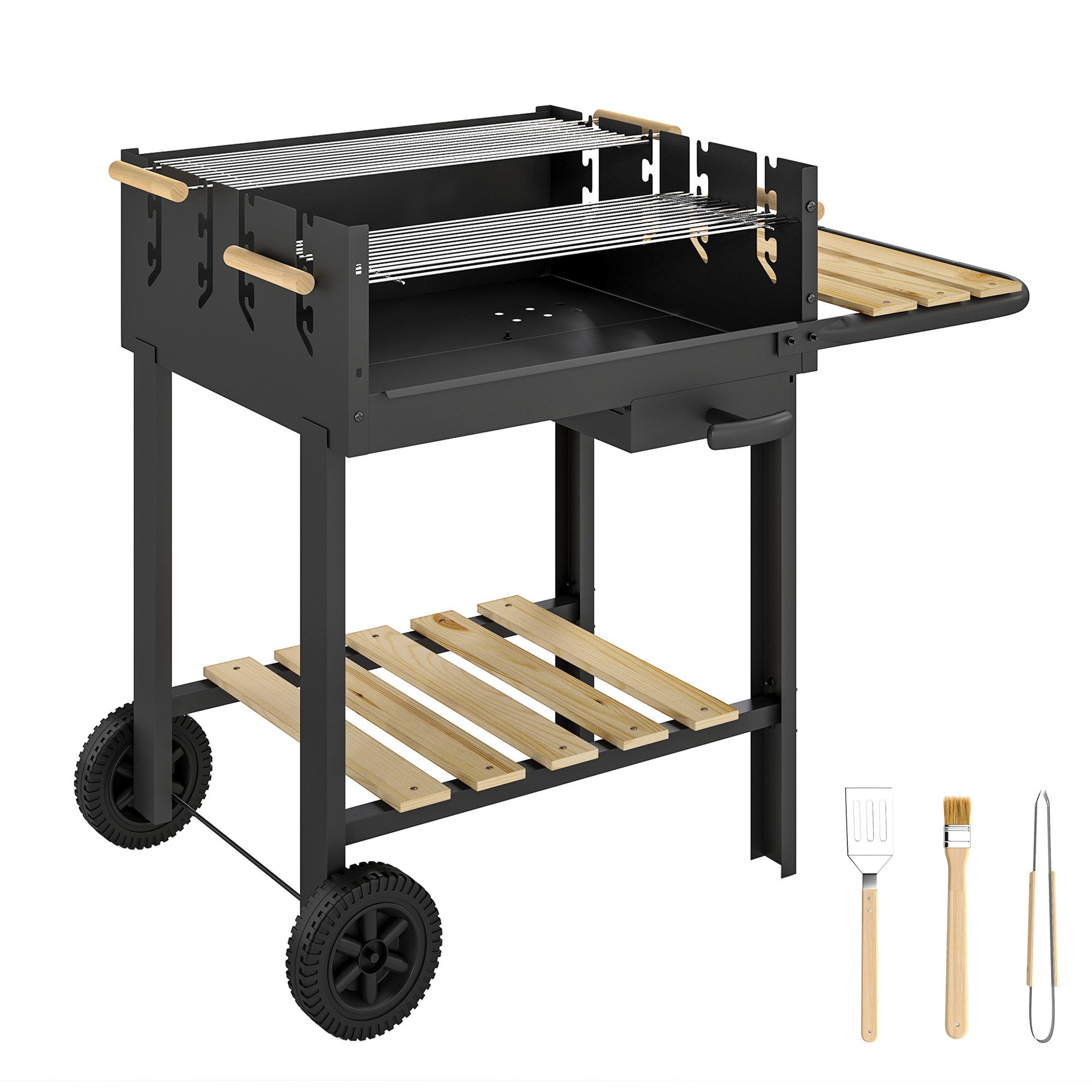 MC Star Holzkohlegrill Grillwagen aus Holz mit 2 verstellbaren Grillrosten, Holzkohlegrill auf Rädern, Seitenablage, schwarz