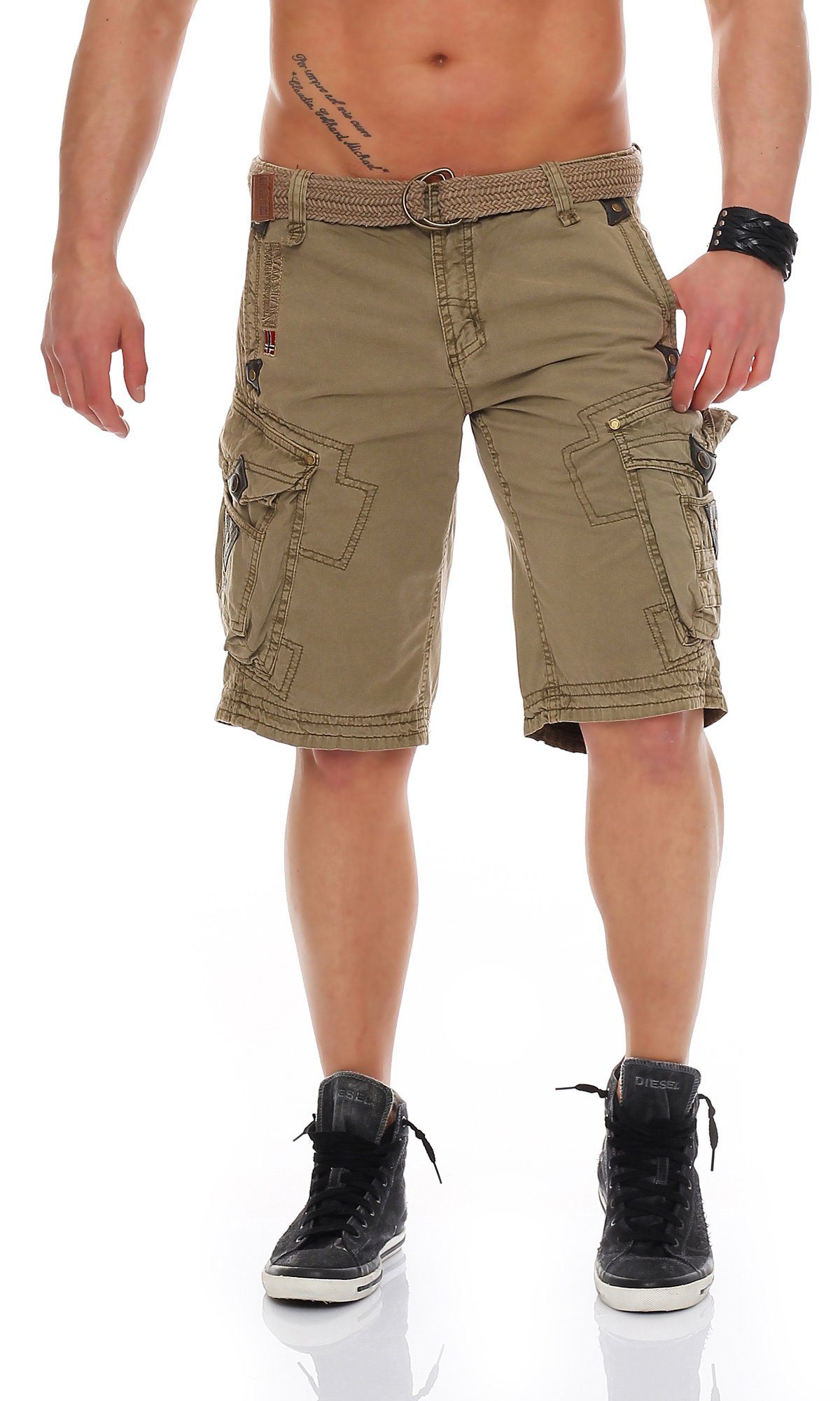 G-PERLE Shorts, Cargoshorts unifarben Hose, kurze Norway camouflage Mastic abnehmbarem Gürtel) Shorts / Geographical Herren (mit