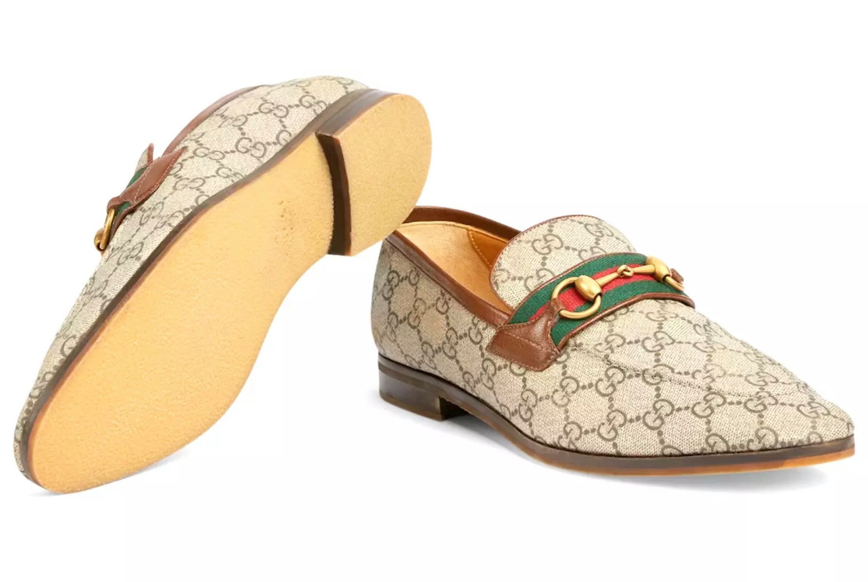 GUCCI Web Monogram Horsebit Paride Slippers Loafer GG Supreme-Canvas, antike Goldverzierungen, Vintage-Verfahren