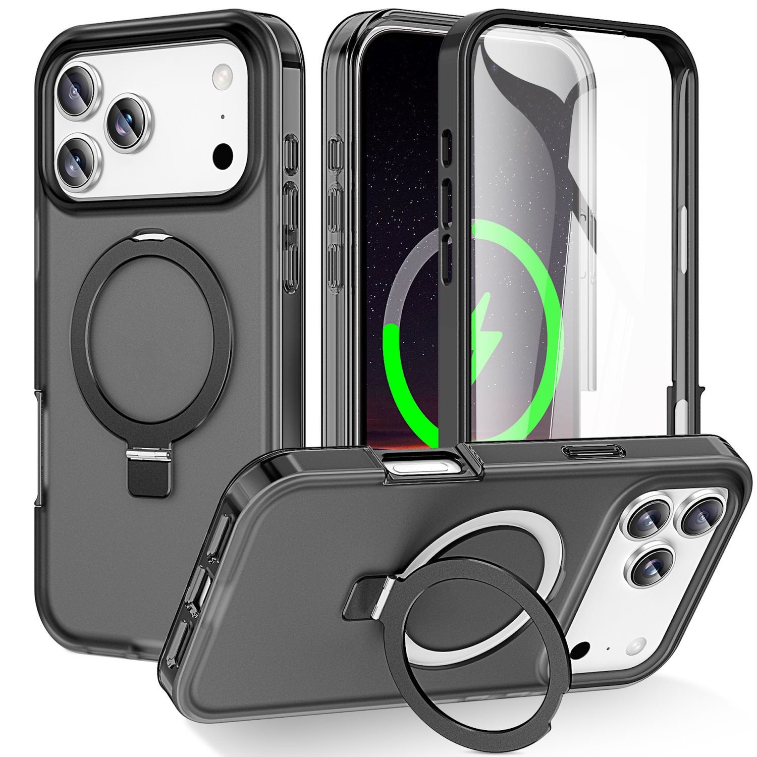 Wigento Handyhülle Für Apple iPhone 17 Pro Skin Feel MagSafe Ringhalter 360 Hülle Schwarz, 360 Grad MagSafe Frosted Skin Feel Hülle