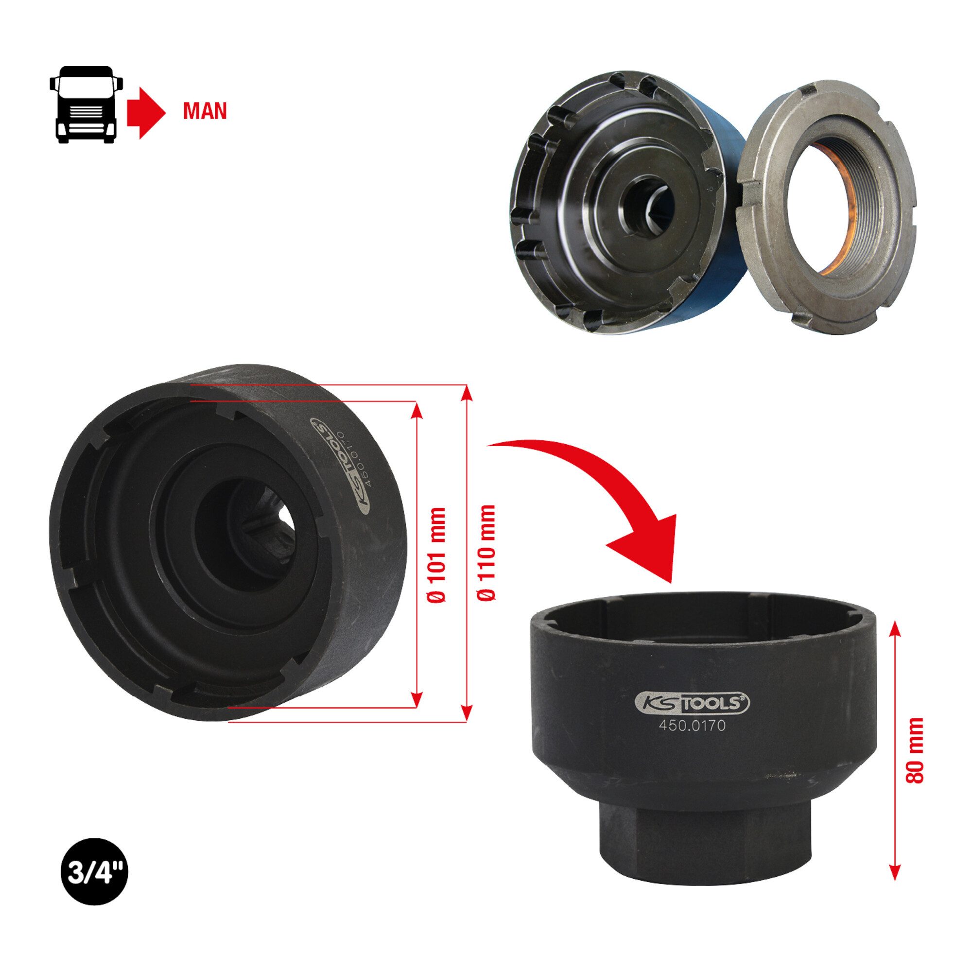 Rollenbock KS Tools 3/4 Zoll Nutmuttern-Schlüssel mit 6 Zapfen für MAN, 101-110 m