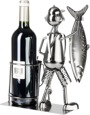 BRUBAKER Weinflaschenhalter Großer Fang - Angler mit Fisch, Angel und Eimer, (Flaschenständer Dekoration mit Grußkarte, 1-St., Metall Flaschenhalter Angeln), 30 cm Wein Geschenk Angelsport
