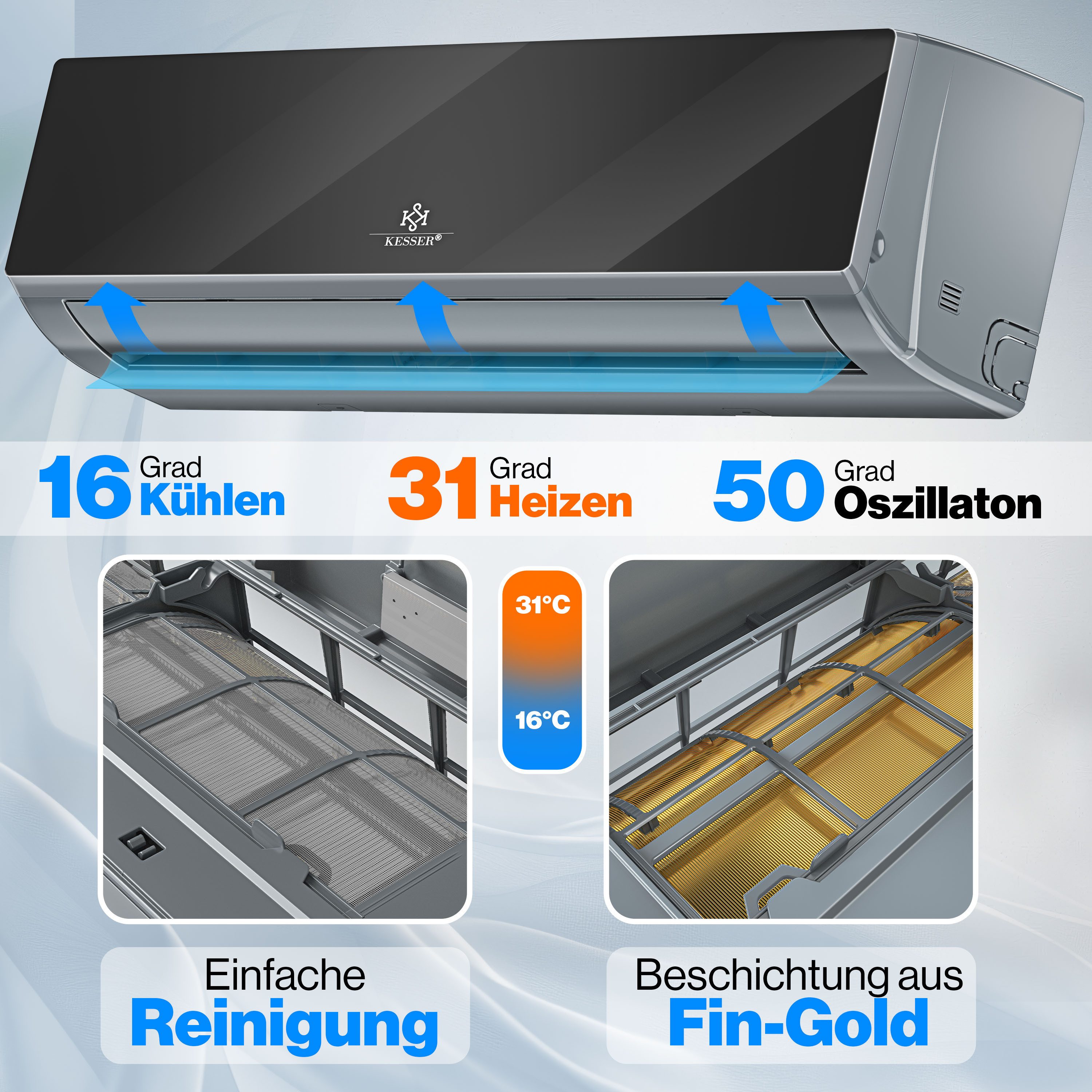 KESSER Split-Klimagerät Set Quick Connect Split Klimaanlage 9000 BTU Kühlen & Heizen 2,6kW R32, mit WiFi & App Funktion, Fernbedienung, Timer, inkl. Montagematerial