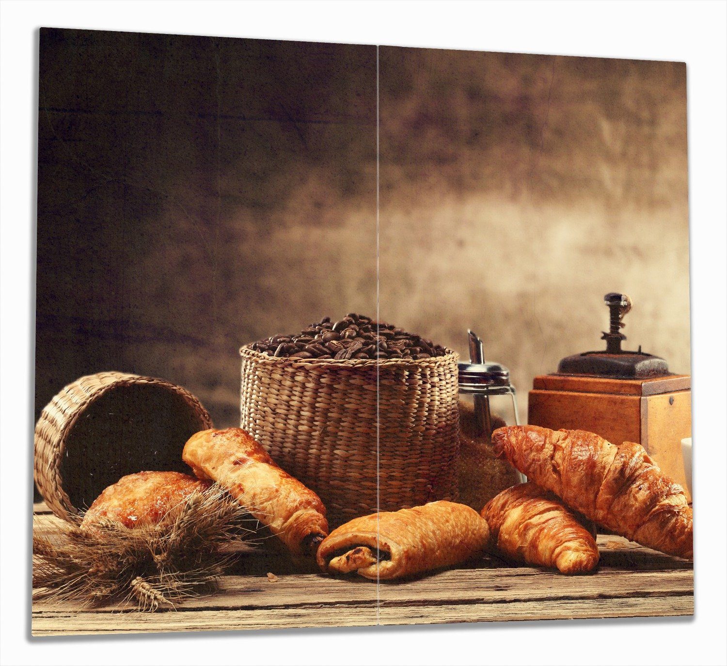Wallario Herd-Abdeckplatte Französisches Frühstück mit Café und Croissants, ESG-Sicherheitsglas, (Glasplatte, 2 tlg., inkl. 5mm Noppen), verschiedene Größen