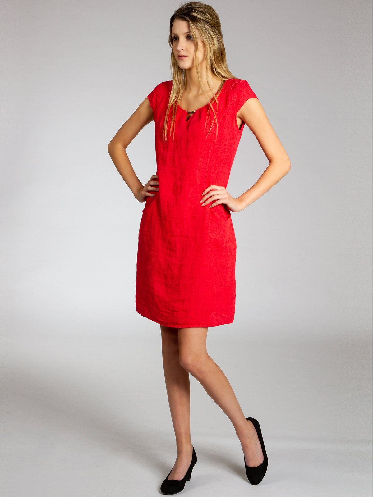 Caspar Sommerkleid SKL020 knielanges Damen Sommer Leinenkleid mit eleganter Metallspange Luftig leicht, figurumspielende Form, mit seitlichem Jersey-Einsatz