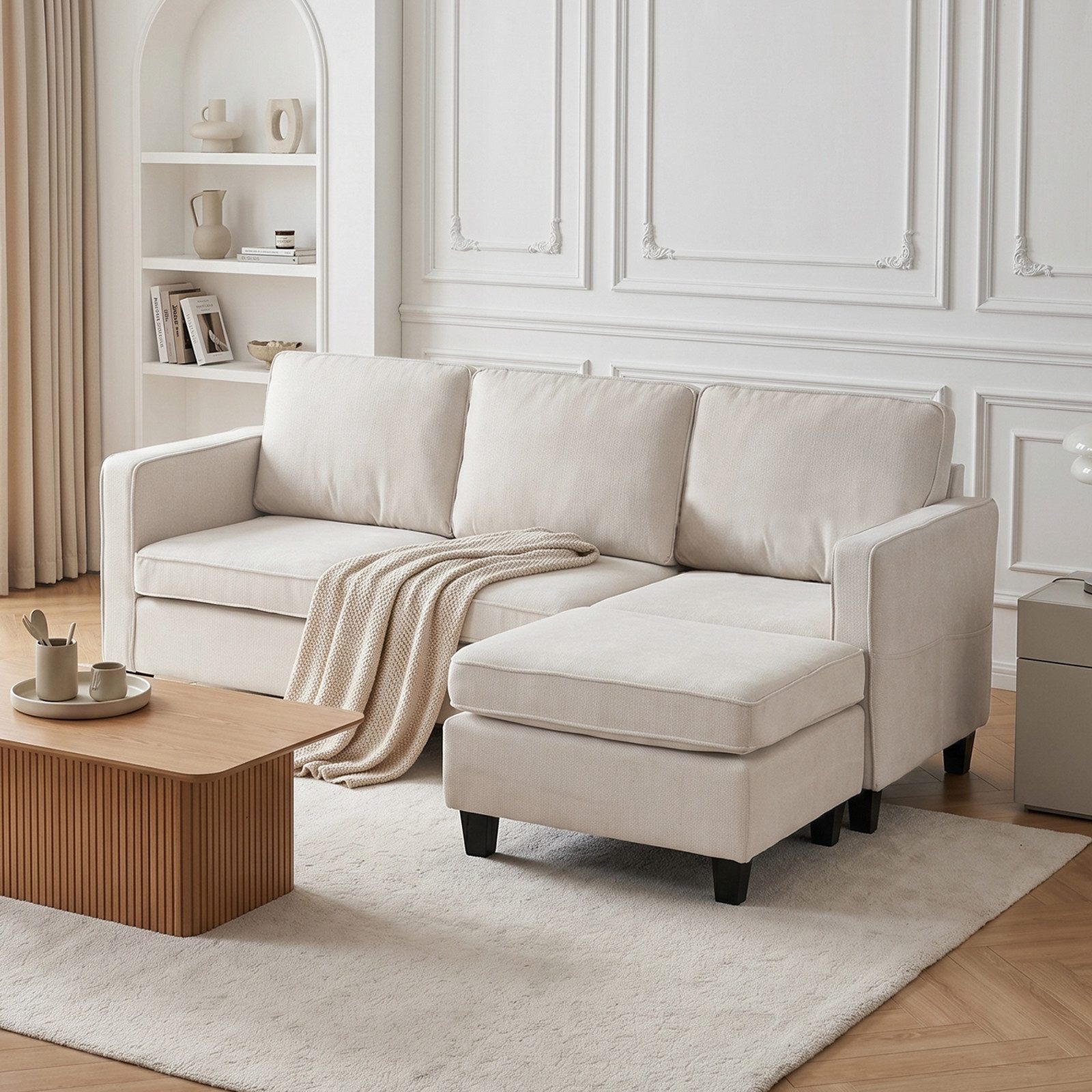 Jiexi Ecksofa 3-Sitzer Sofa Beige mit beweglichem Hocker fürs Wohnzimmer