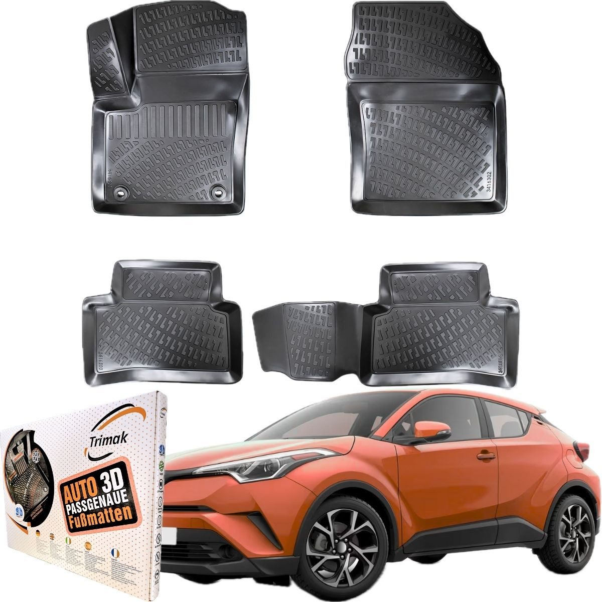Trimak Passform-Fußmatten Oder Kofferraumwanne Oder Set kompatibel mit Toyota C-HR, Toyota C-HR 2016-2023 Gummimatten Auto TPE Allwetter Fussmatten