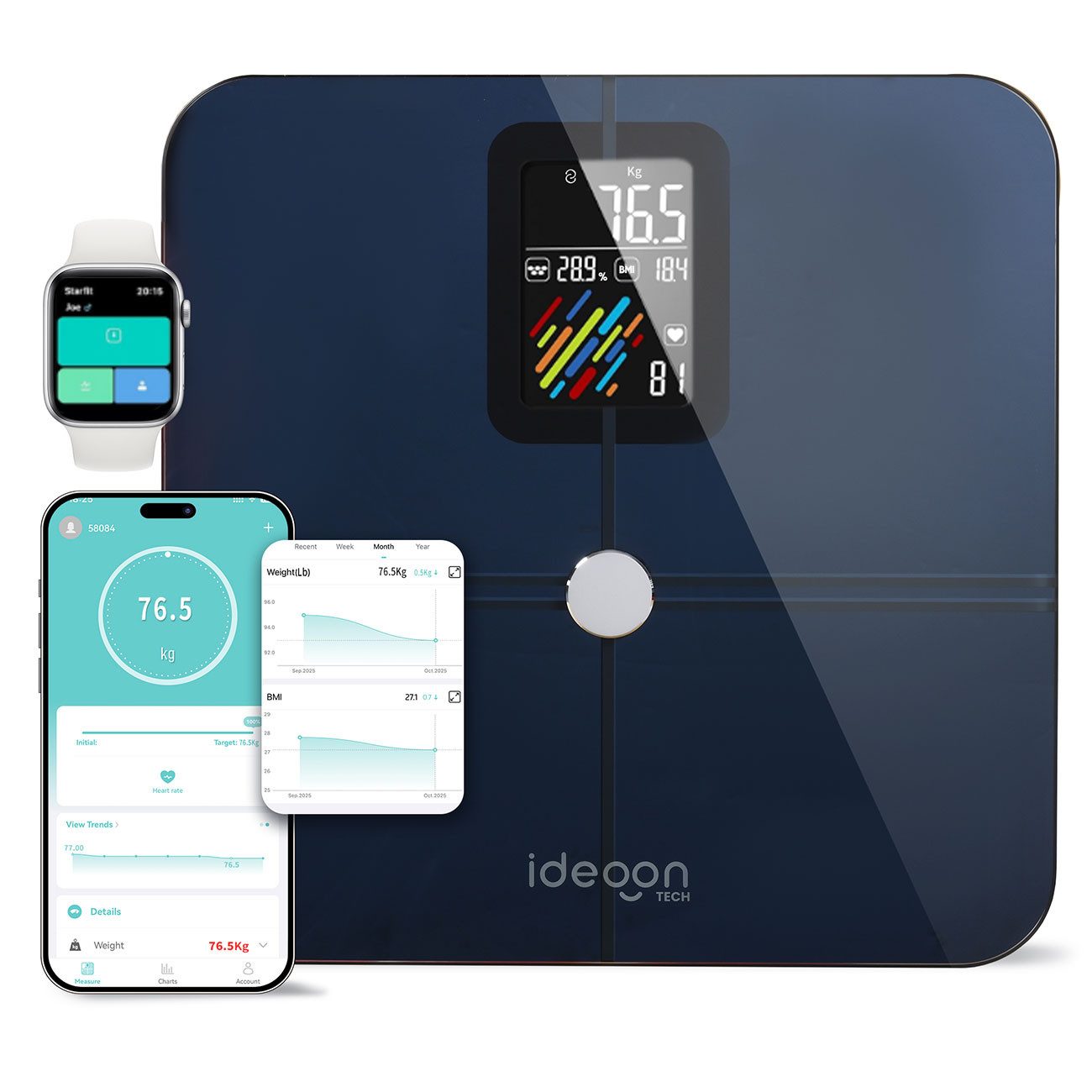 shop'n smile ideoon Körper-Analyse-Waage Körperanalyse Waage Glas max.180 kg Waage für Fett BMI Puls Körpertyp, Ideal für Ihr Fitness-Ziel mit Fitdays App
