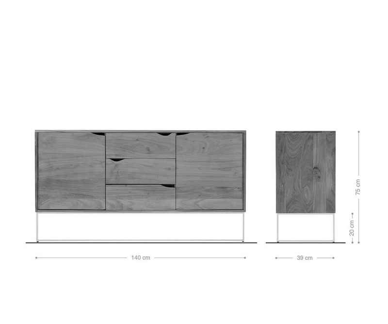DELIFE Sideboard »Loca«, Akazie Braun 140x39x75 cm 3 Schübe 2 Türen