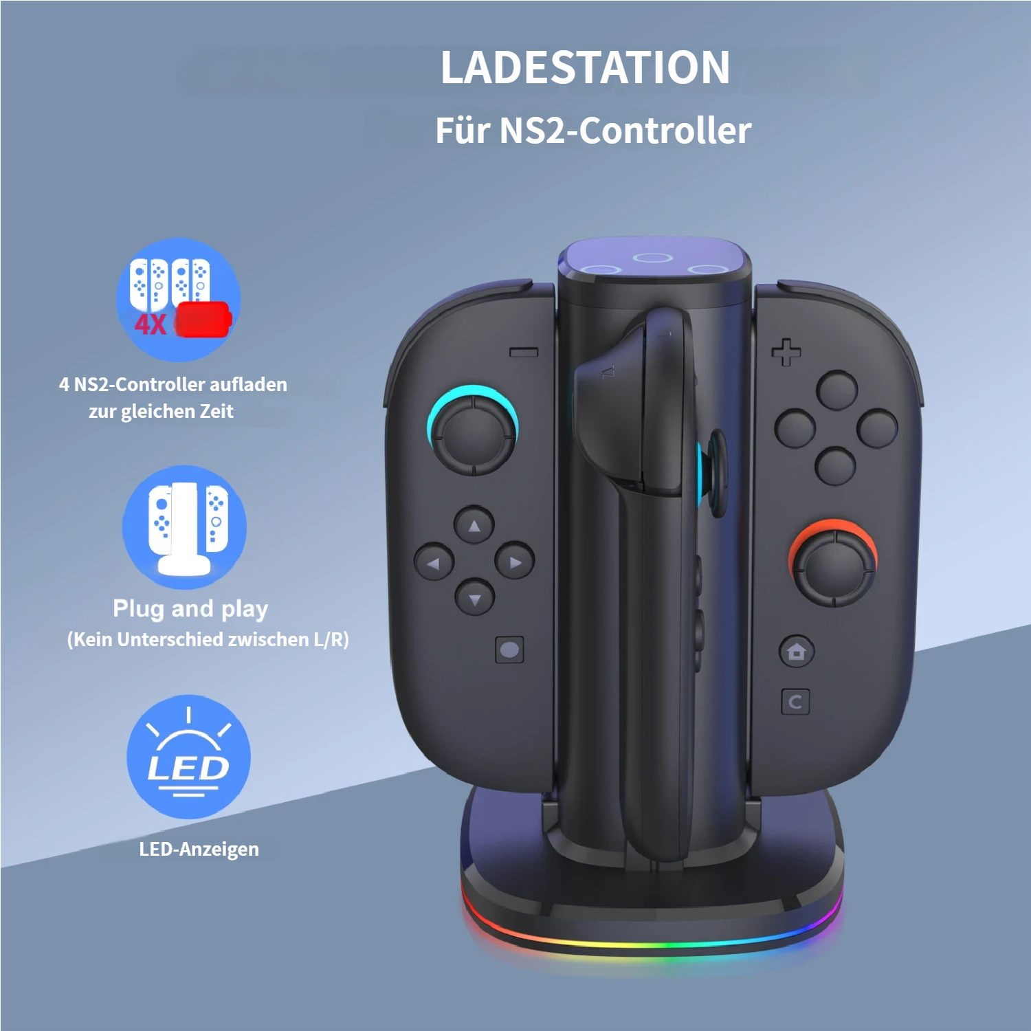 KINSI Switch 2 Controller Ladestation, Mehrfachladegerät für 4 Joy-Cons Controller-Ladestation (mit RGB Beleuchtung & LED Ladestatusanzeige)