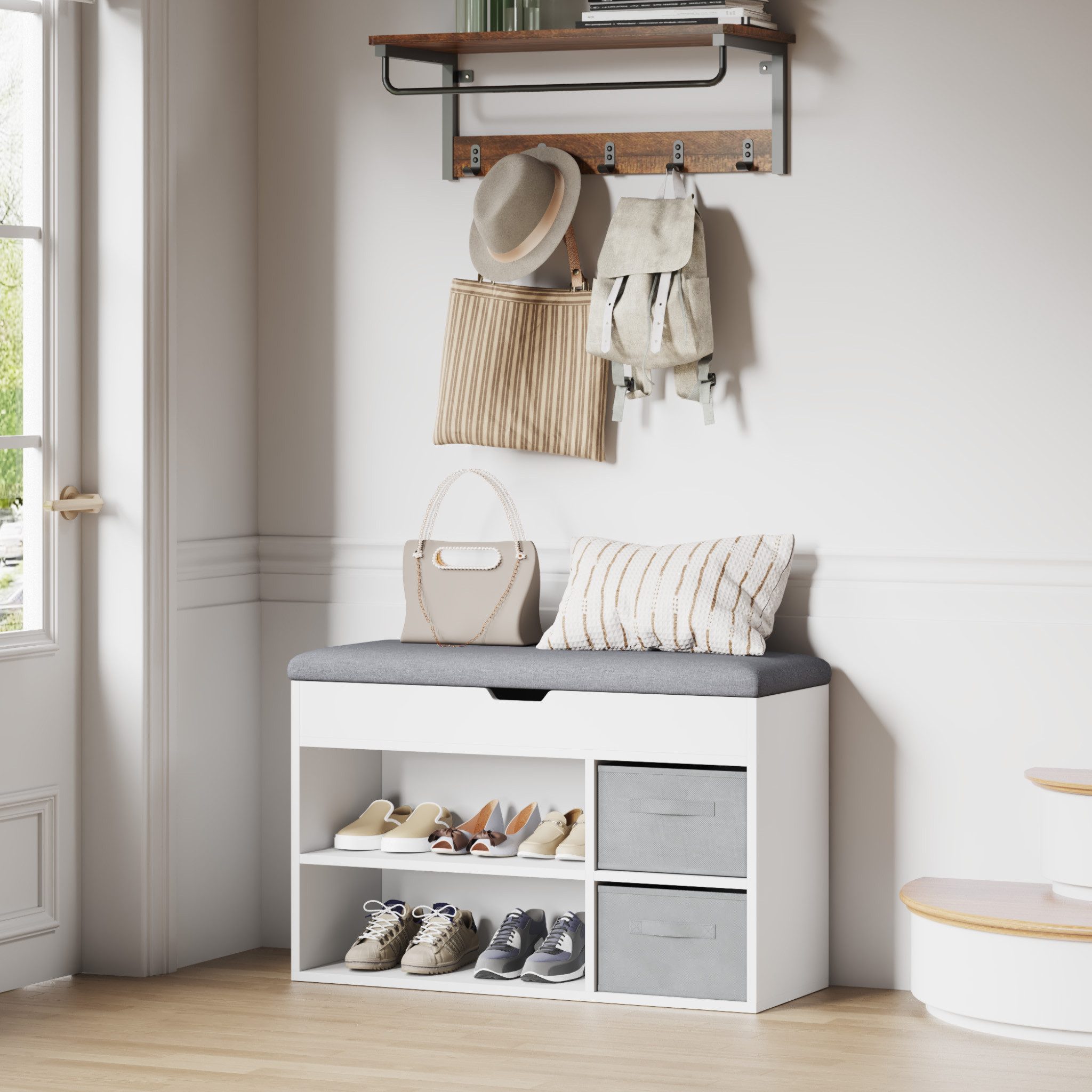 Mondeer Schuhbank Schuhhocker (80 x 48 x 30 cm), Holzschuhablage mit Stoffschublade und aufklappbarem Sitzfläche – Bild 2 von 5