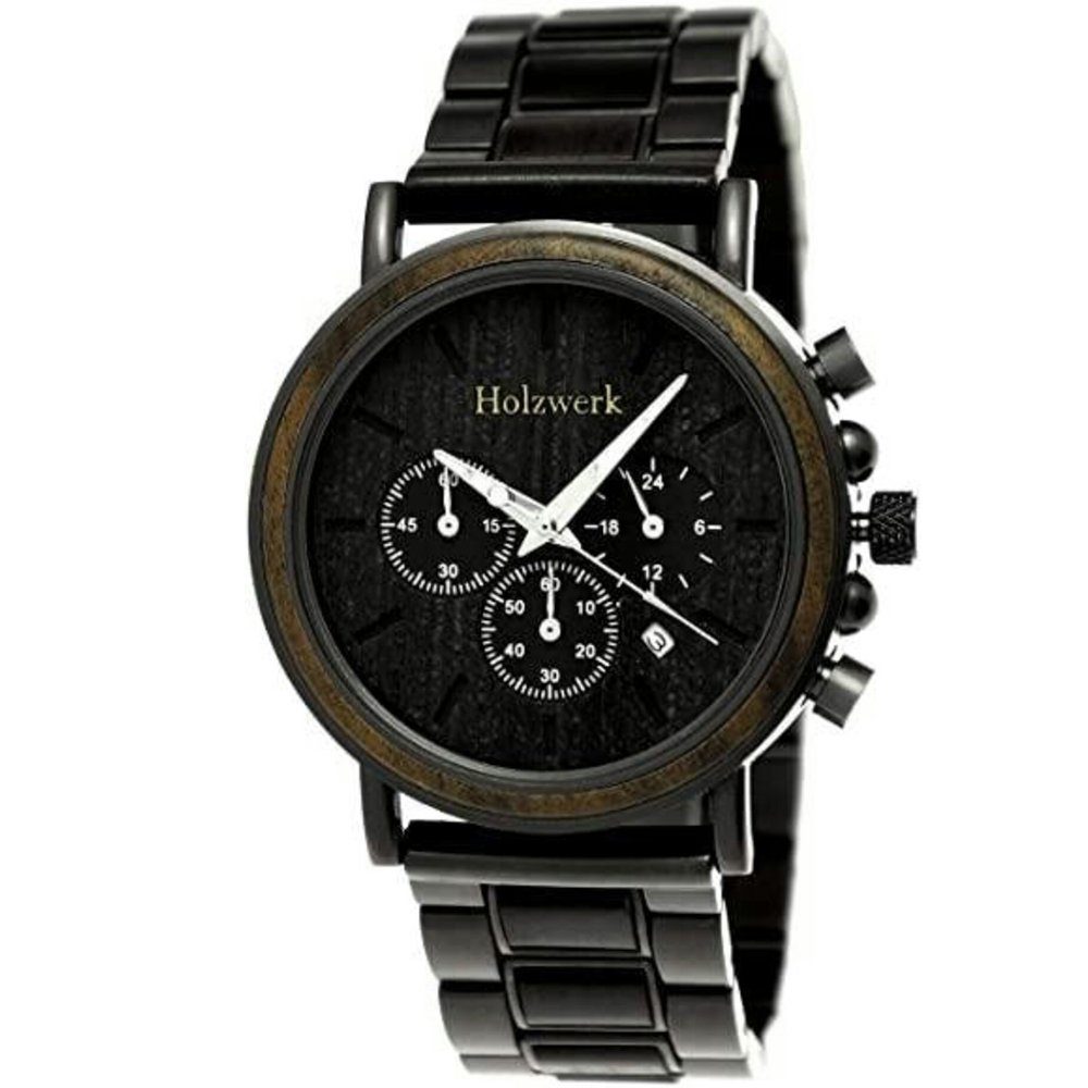Holzwerk Chronograph Herren Designer Edelstahl & Holz Armband Uhr mit Datum, (inklusive Armbandkürzer), Holz Unikate, ideal auch als Geschenk, Quarzuhrwerk