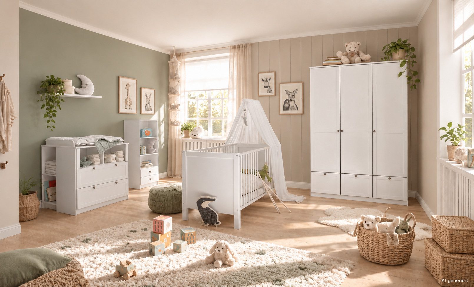 möbel-direkt.de Babyzimmer-Komplettset Landhaus "Filou" in modernem Landhaus Weiß, (8 teiliges Spar-Set, 8-tlg., Schrank, Bett, Lattenrost, Wickelkommode, Regale, Matratze), mit Soft Close, Made in Germany, mit Matratze