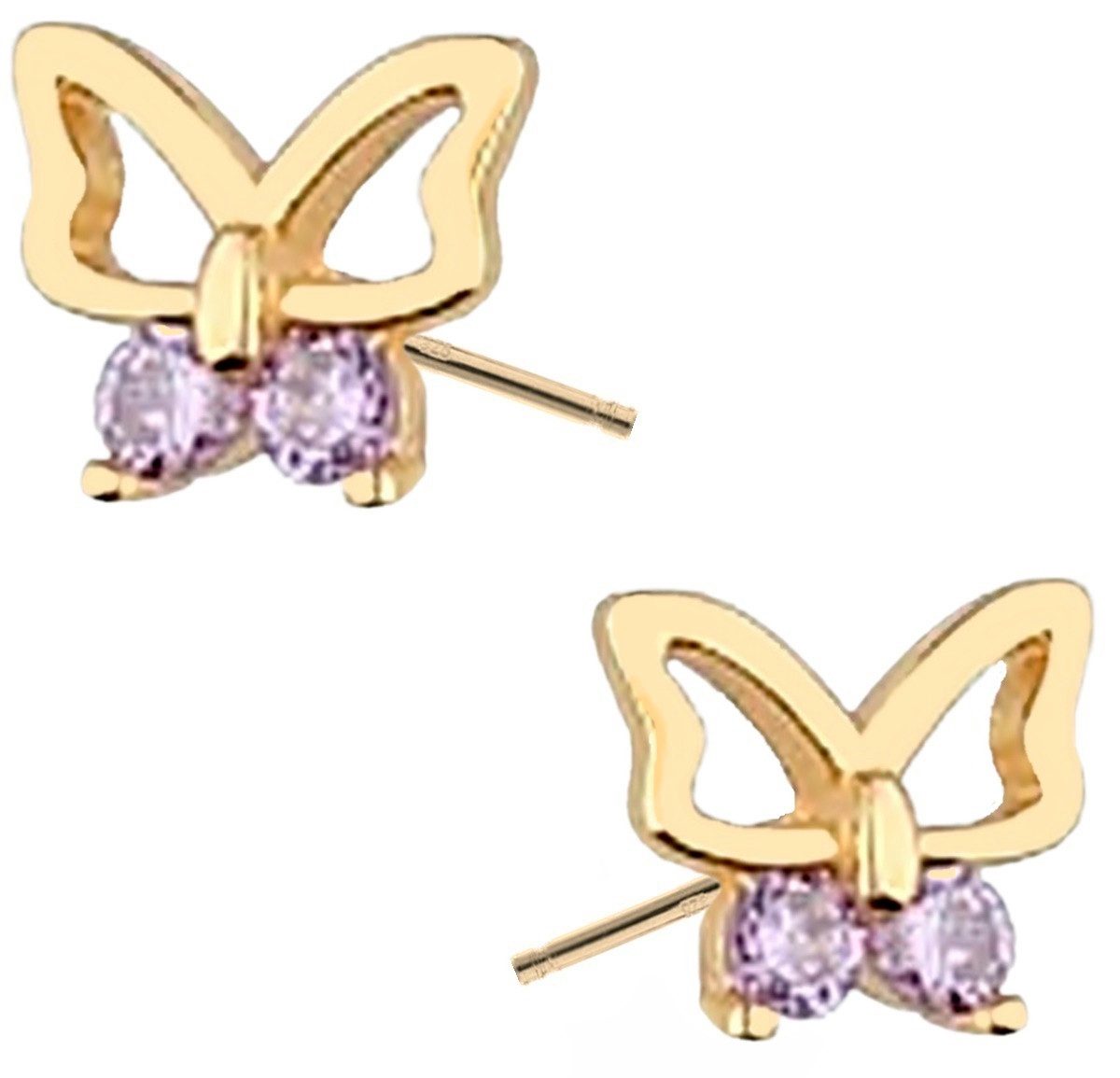 Paar Ohrstecker Ohrringe Gold Lila Schmetterling 925 Gelbgold 18k vergoldet