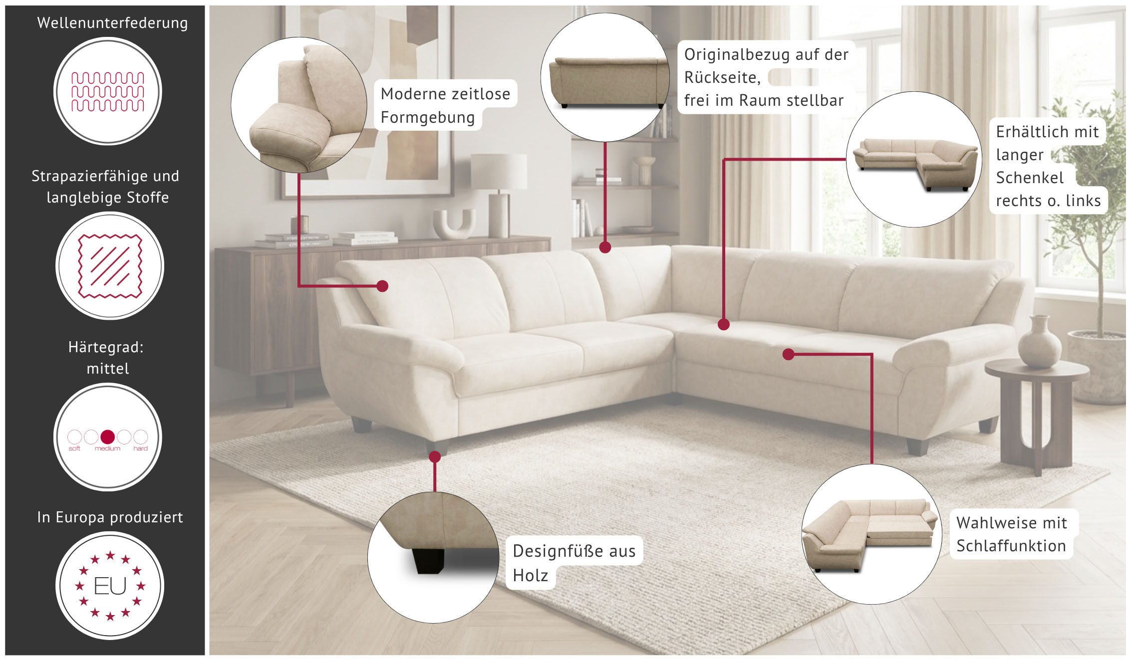 OTTO home Ecksofa Silkeborg 251 x 251 cm, formschönes Sofa mit dunklen Füßen, aus haustierfreundlichem Pet Friendly Bezug